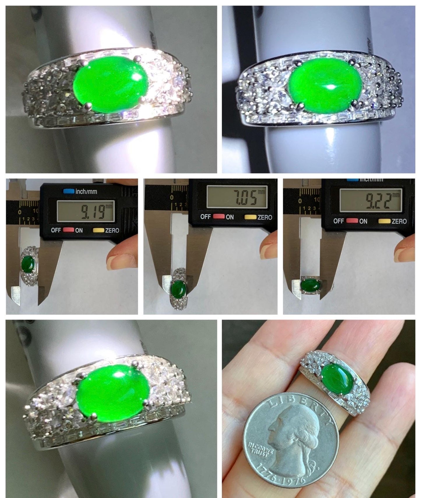 Natural Grade A Guatemalan Icy Translucent Vibrant Green Cabochon Jade Jadeite Ring Sterling Silver Size Adjustable 3g 天然冰危绿翡翠银镶戒指 WLO128