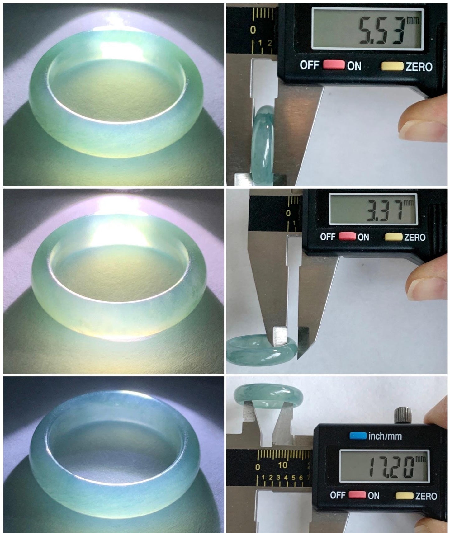 Natural Grade A Guatemalan Icy Translucent Dusty Teal Blue Jade Jadeite Wide Band Ring Comfort Fit Size 6.75 US 天然冰胶危蓝绿翡翠揭阳工戒圈 KWL330E