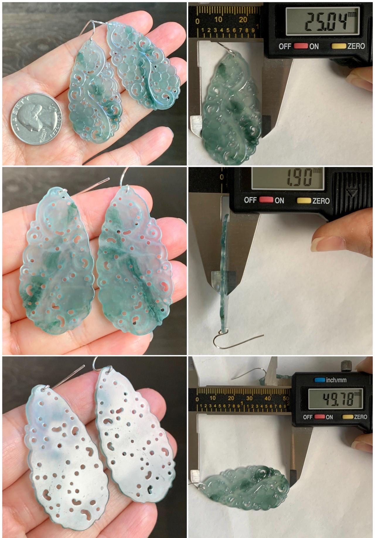 Natural Grade A Guatemalan Icy Translucent Pastel Blue Jade Jadeite Openwork Engraved Earrings Sterling Silver 天然冰危淡蓝飘花翡翠镂空雕水滴银耳钩 WPH150
