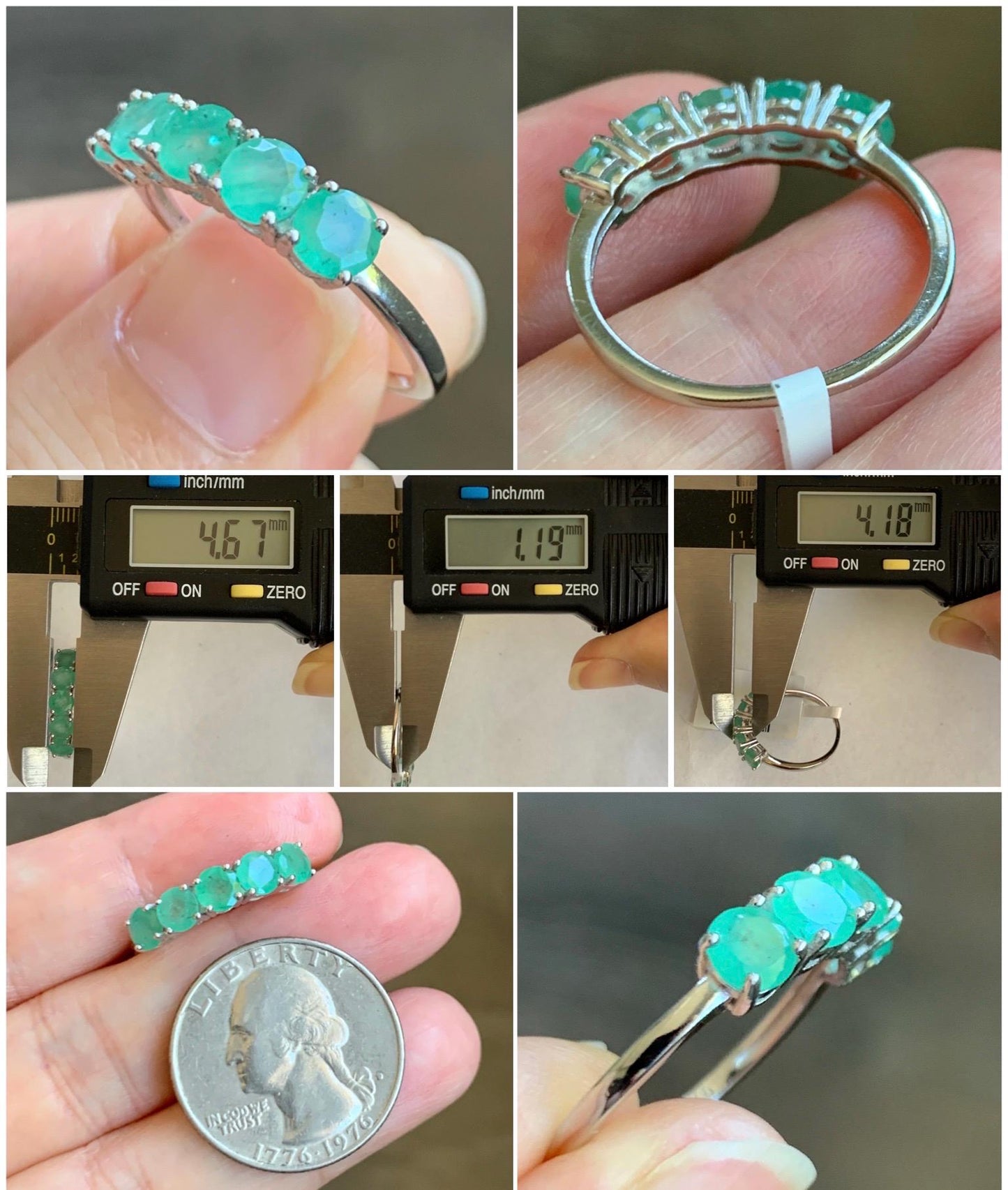 Natural Genuine Zambian Emerald 5-Stone Band Ring Round Brilliant Cut 4.5-4.6m Sterling Silver Size 9 US 2g c379