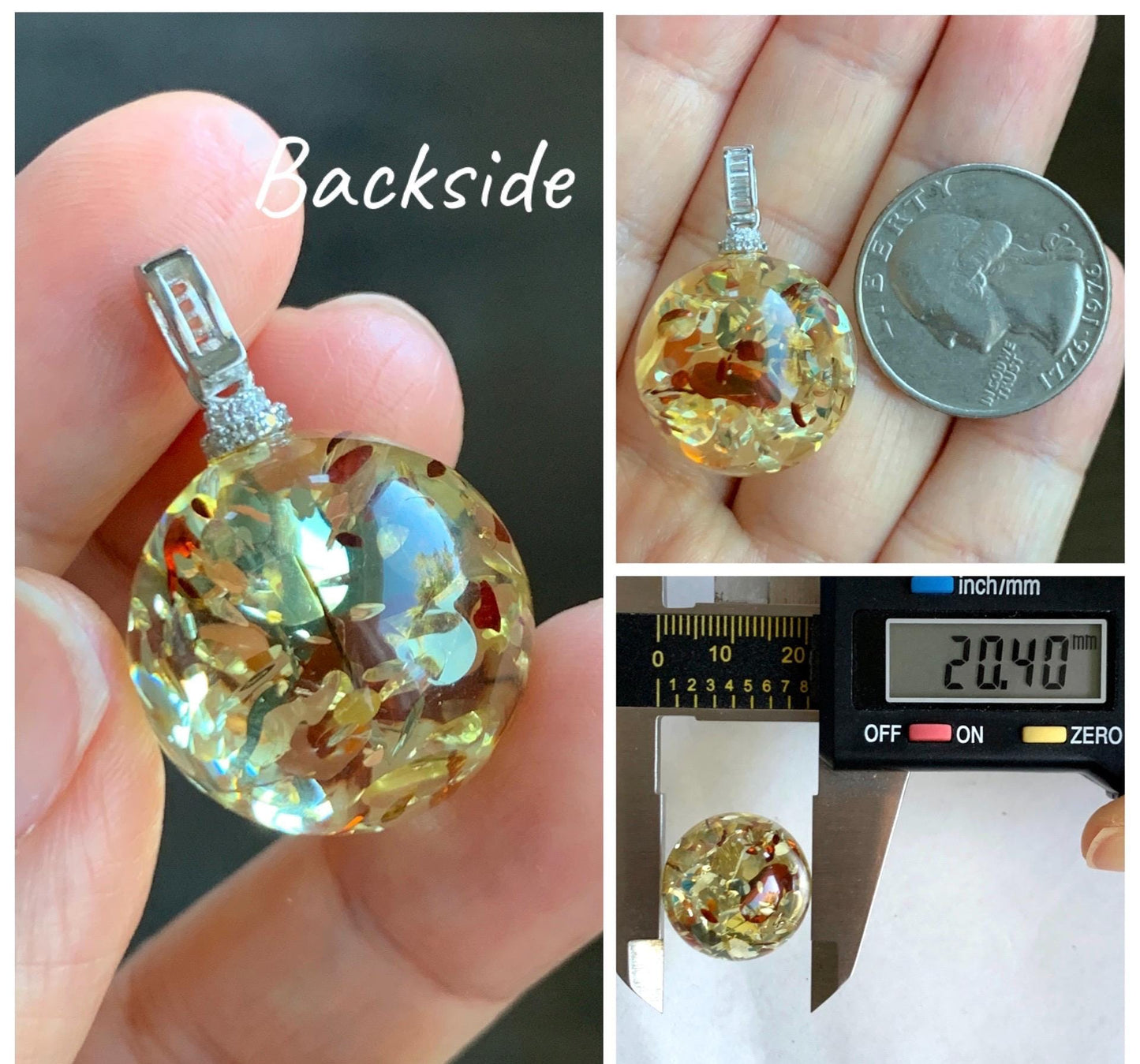 Natural Genuine Untreatrd Fossilized Tree Resin Large Sphere Solitaire Pendant Sterling Silver 20.4mm 5g HPZ283 天然花珀大圆珠吊坠珍珠扣