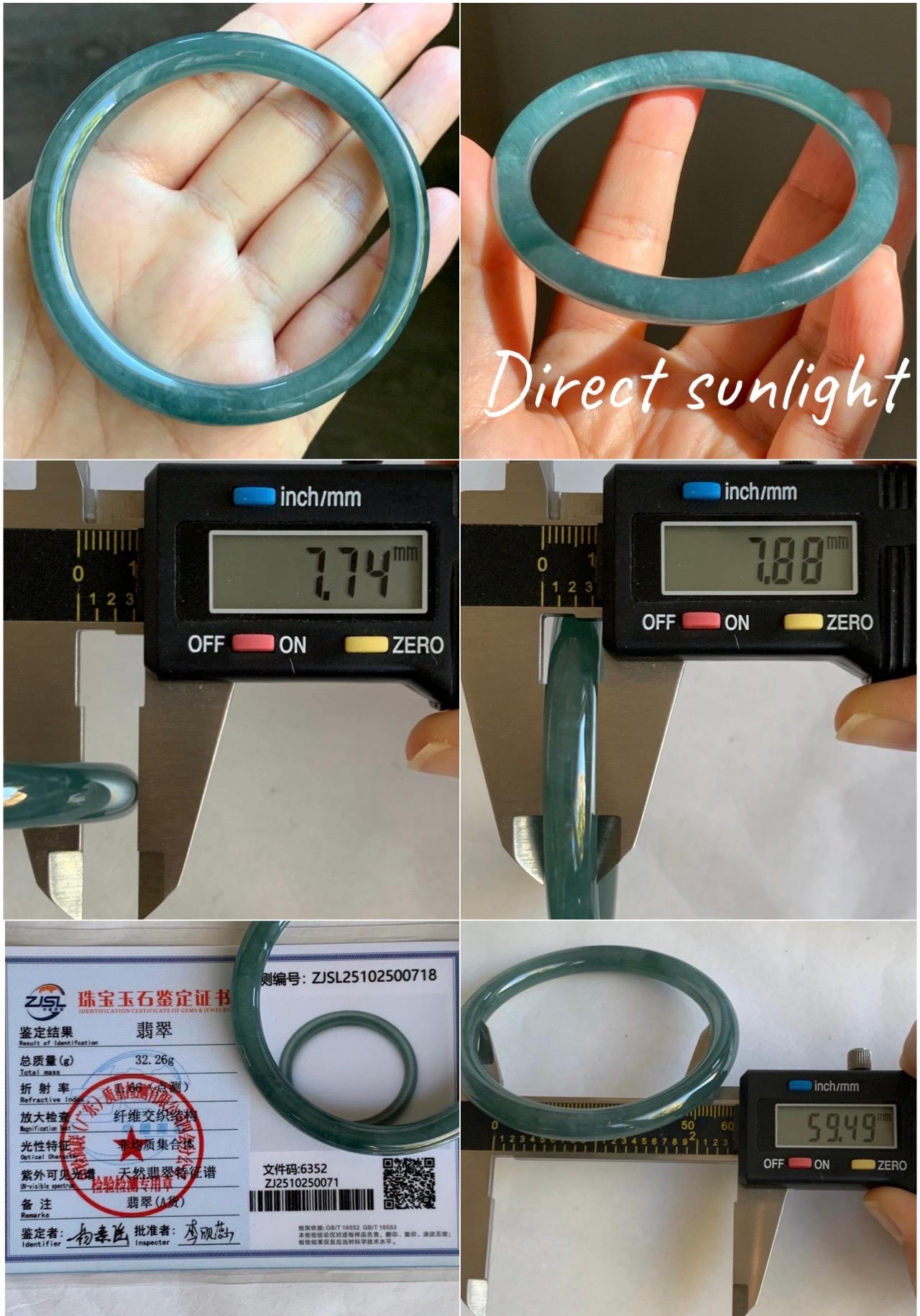 Certified Natural Grade A Guatemalan Icy Translucent Dark Teal Blue Jade Jadeite Bangle Bracelet 59.49mm 7.35” 天然冰危深蓝翡翠圆条手镯 718