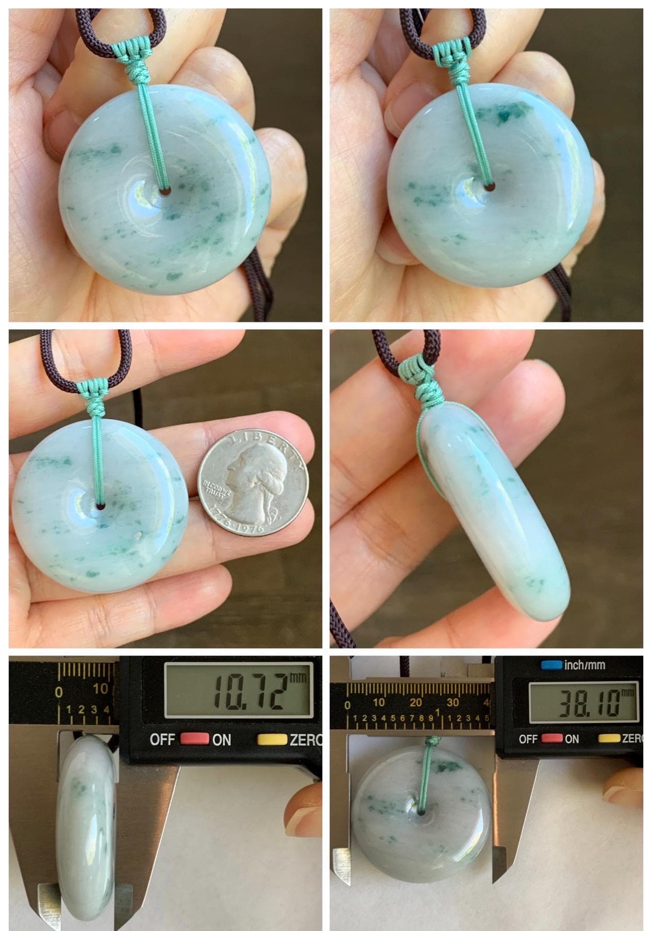 Grade A Natural Icy Translucent White Green Marbled Jade Jadeite Large Ping An Kou Donut Pendant Rope Necklace 31” 天然细糯白底飘花翡翠大平安扣吊坠 DMP313
