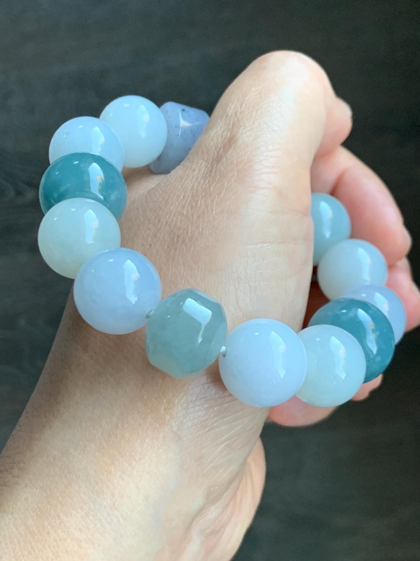 Natural Grade A Icy Translucent Gelatinous Multicolored Jade Jadeite Large Beads Beaded Bracelet 7" 86g 天然冰胶多宝翡翠大卡圆珠鼓珠手串 MDB740