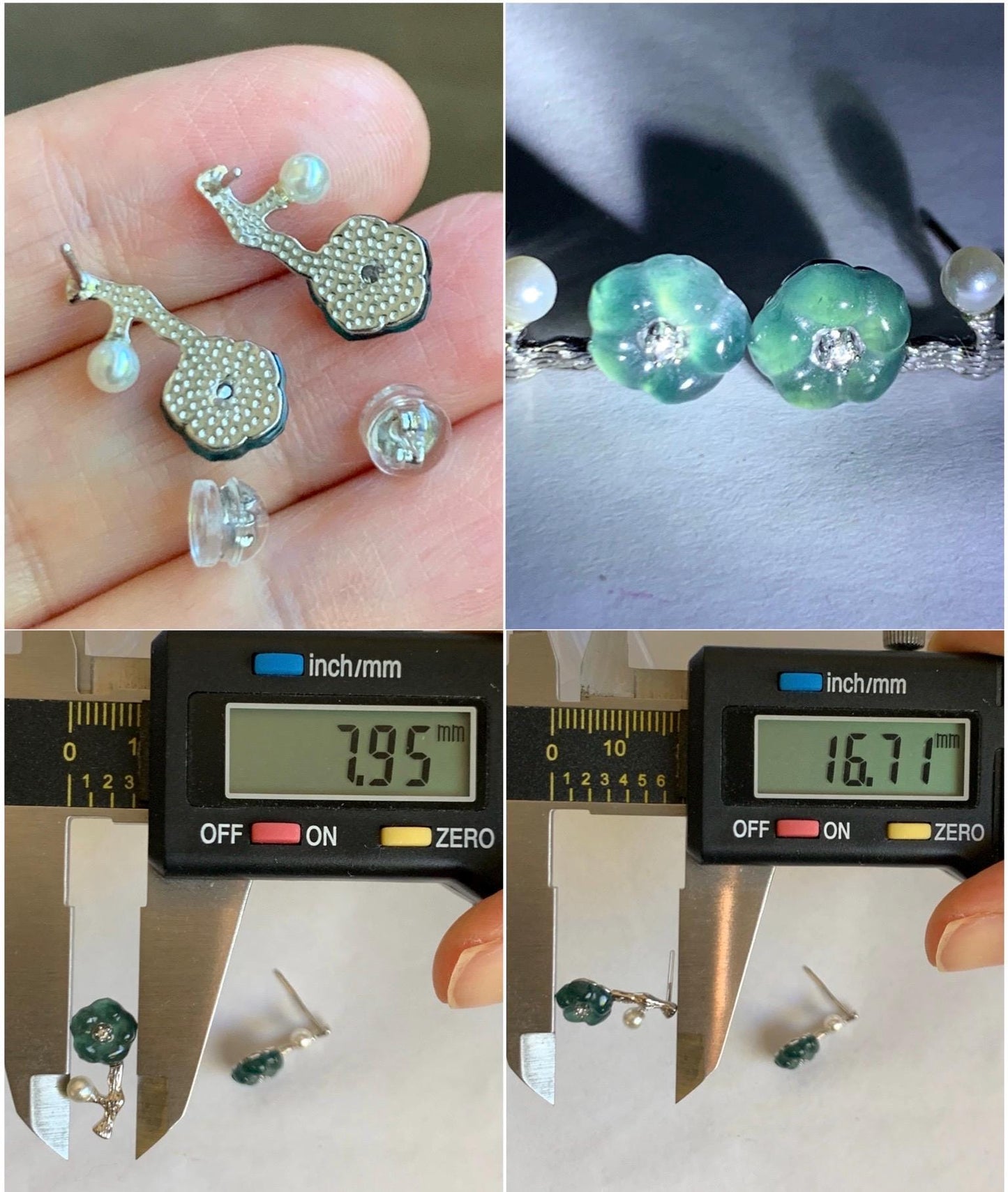 Natural Grade A Guatemalan Icy Translucent Teal Blue Jade Jadeite Cherry Blossom Stud Earrings Sterling Silver 天然冰危深蓝翡翠梅花银镶耳钉 XKMH120S