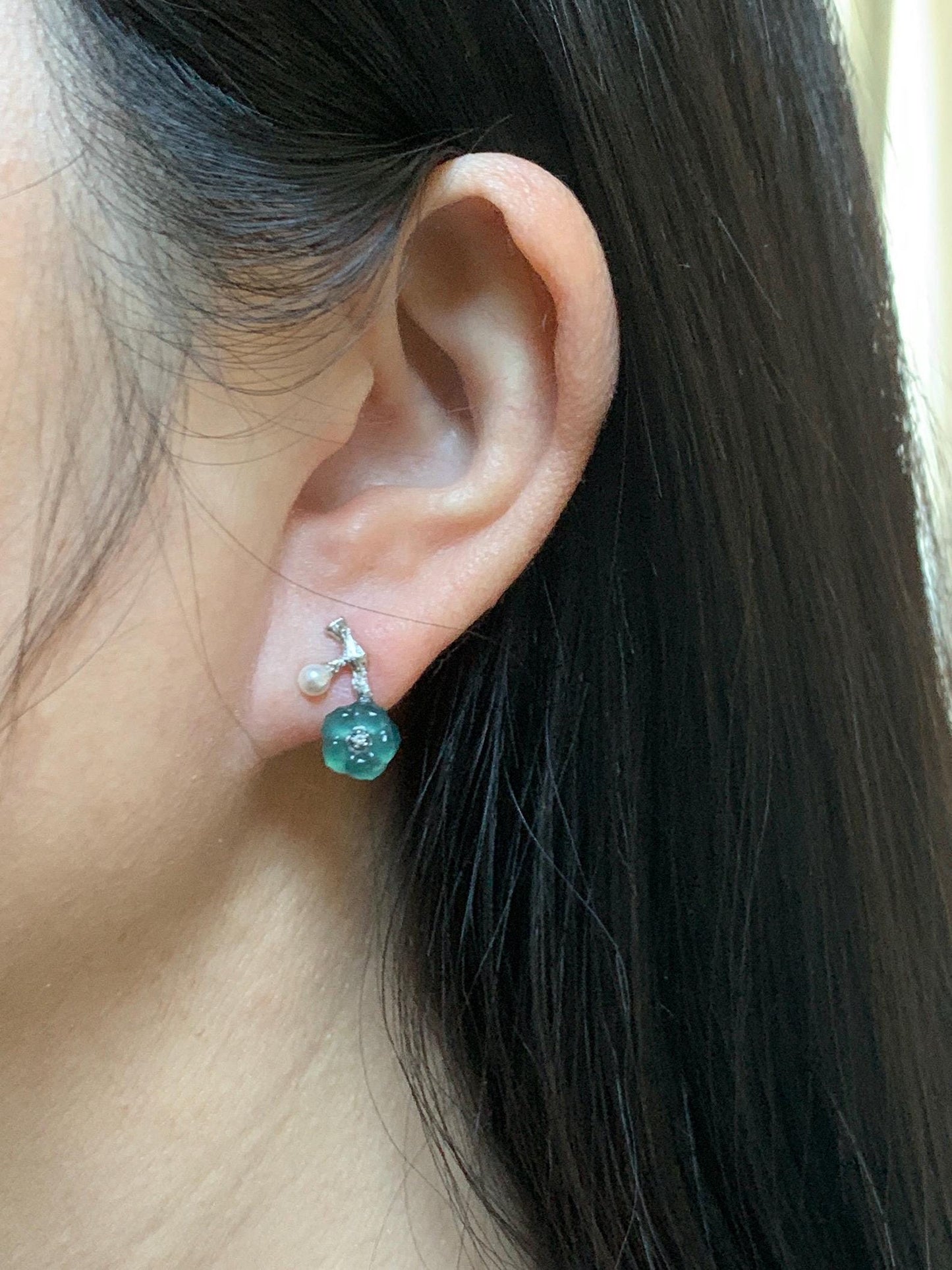 Natural Grade A Guatemalan Icy Translucent Teal Blue Jade Jadeite Cherry Blossom Stud Earrings Sterling Silver 天然冰危深蓝翡翠梅花银镶耳钉 XKMH120S