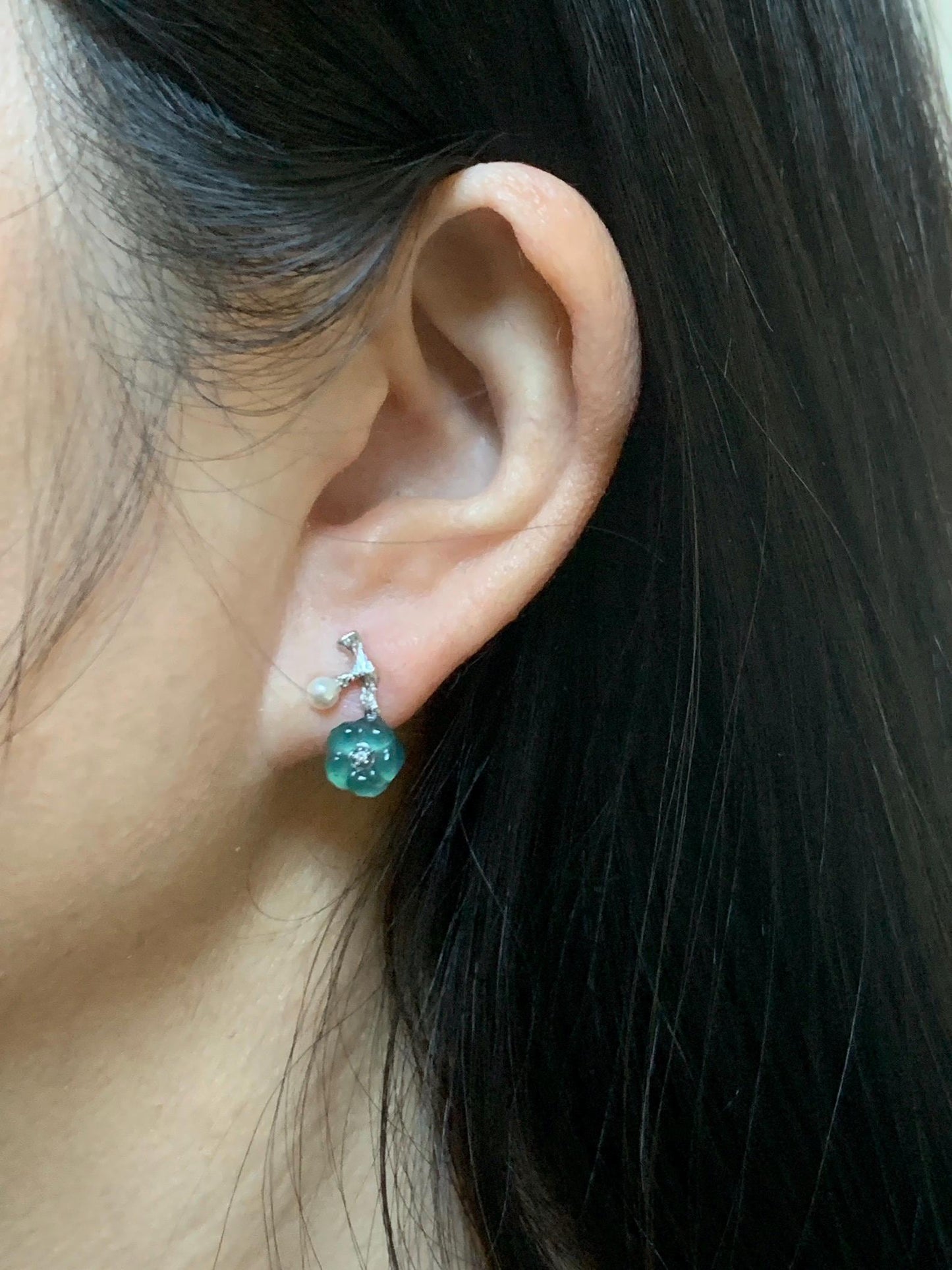 Natural Grade A Guatemalan Icy Translucent Teal Blue Jade Jadeite Cherry Blossom Stud Earrings Sterling Silver 天然冰危深蓝翡翠梅花银镶耳钉 XKMH120S