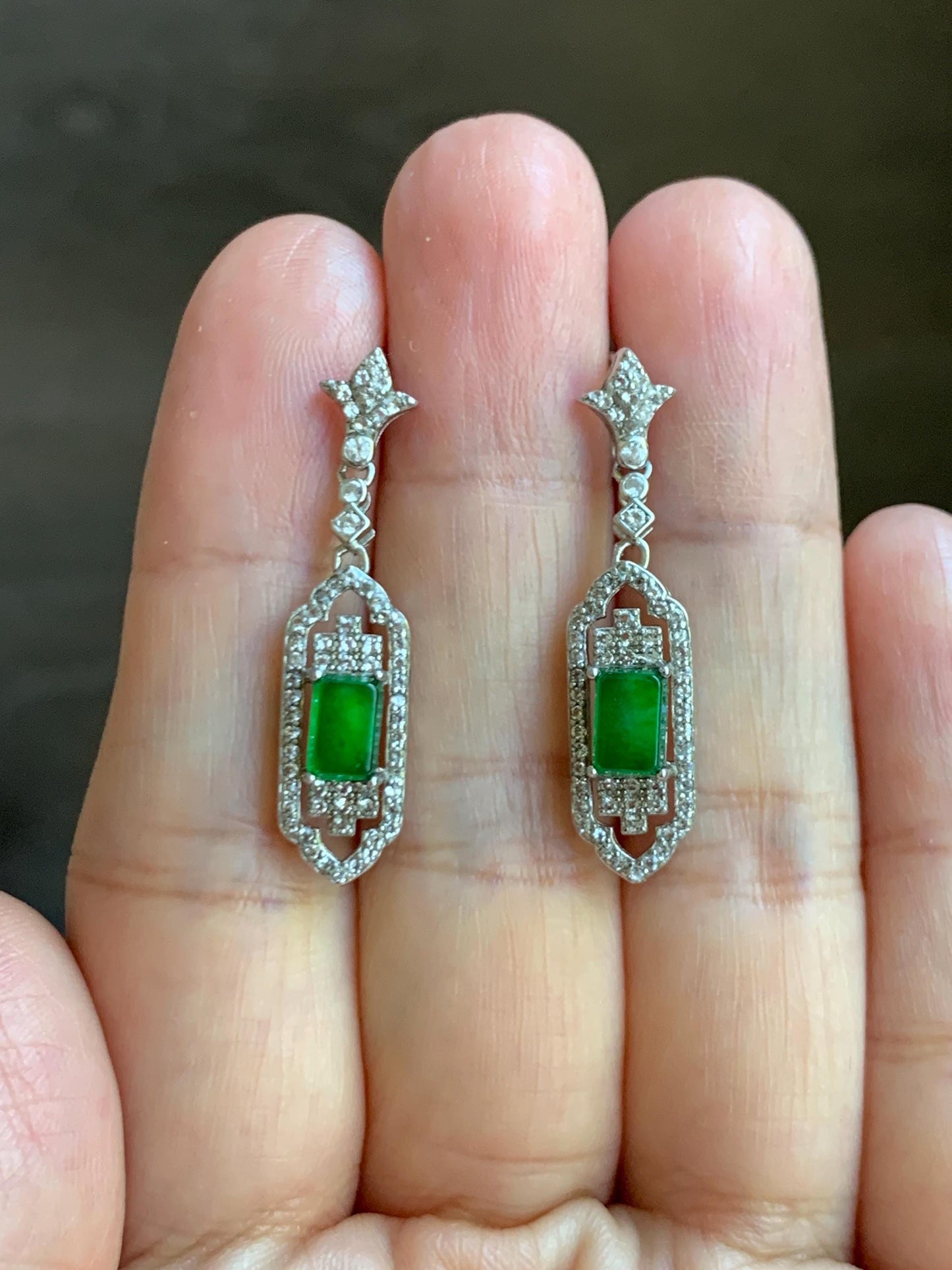 Natural Grade A Guatemalan Icy Translucent Vibrant Green Rectangle Jade Jadeite Art Deco Style Earrings Sterling Silver 天然冰危绿翡翠银镶耳钉 ADWL88