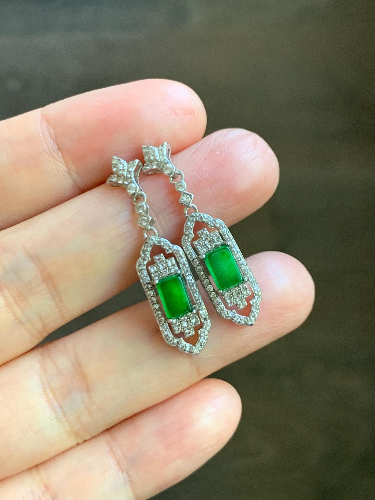 Natural Grade A Guatemalan Icy Translucent Vibrant Green Rectangle Jade Jadeite Art Deco Style Earrings Sterling Silver 天然冰危绿翡翠银镶耳钉 ADWL88