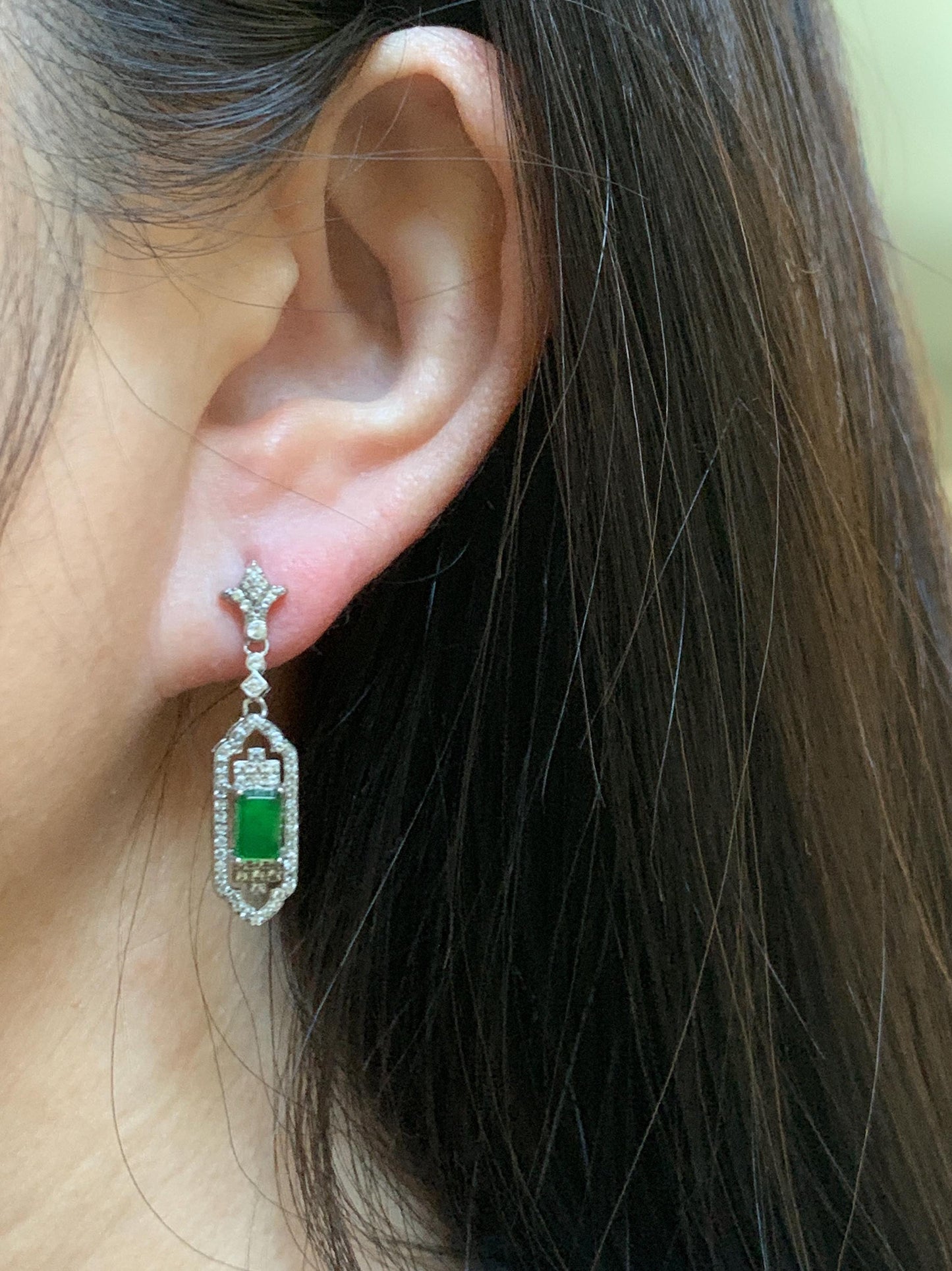 Natural Grade A Guatemalan Icy Translucent Vibrant Green Rectangle Jade Jadeite Art Deco Style Earrings Sterling Silver 天然冰危绿翡翠银镶耳钉 ADWL88