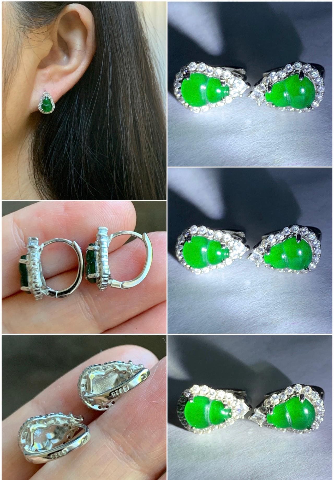 Natural Grade A Guatemalan Icy Translucent Vibrant Green Jade Jadeite Gourd Hulu Huggie Hoop Earrings Sterling Silver 天然冰危绿翡翠葫芦银镶耳包 DHL99