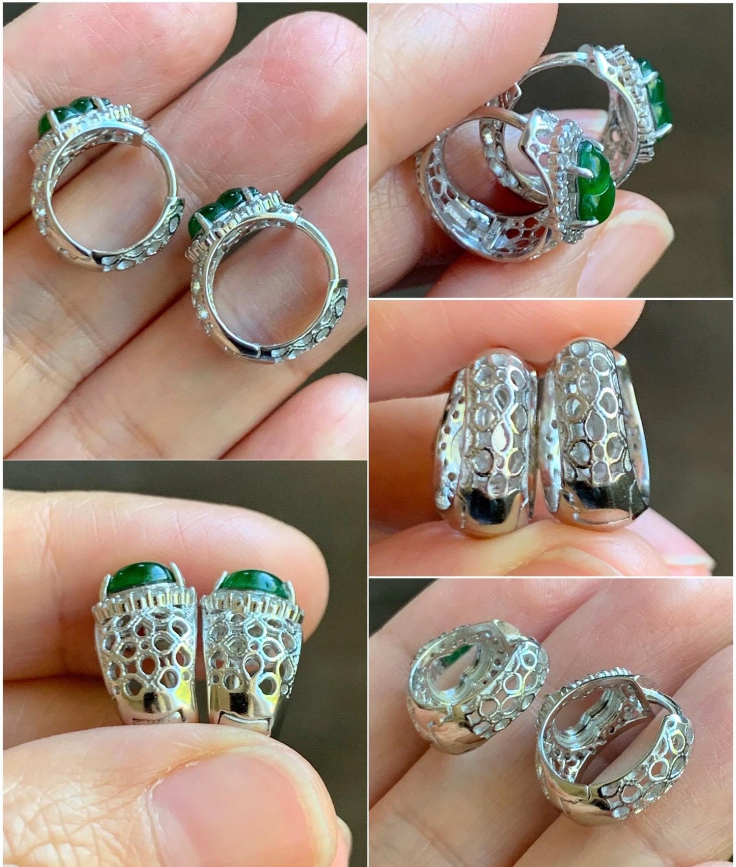 Natural Grade A Guatemalan Icy Translucent Vibrant Green Jade Jadeite Gourd Hulu Huggie Hoop Earrings Sterling Silver 天然冰危绿翡翠葫芦银镶耳包 DHL110