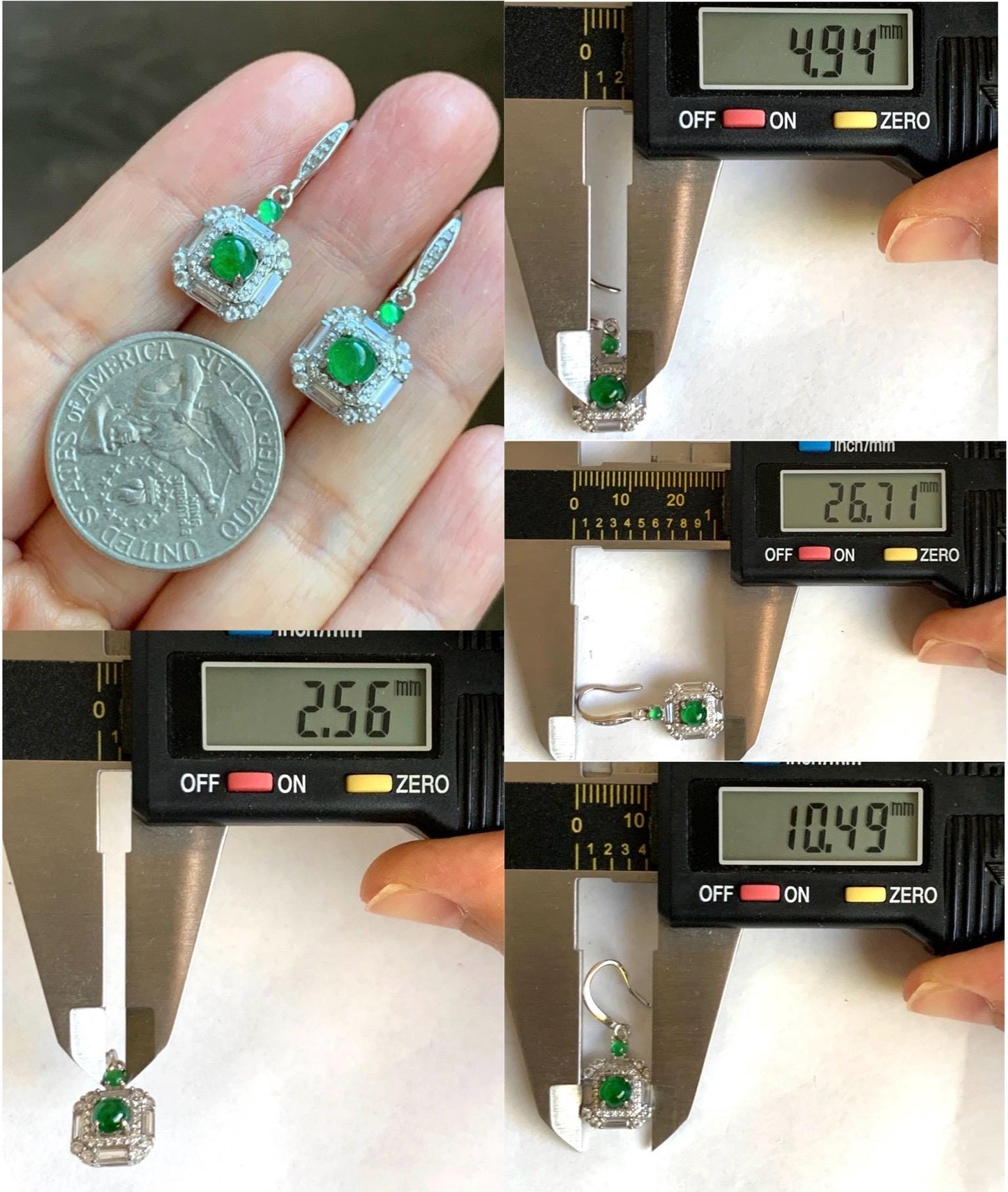 Natural Grade A Guatemalan Icy Translucent Vibrant Green Jade Jadeite Art Deco Style Dangle Earrings Sterling Silver 天然冰危绿翡翠银镶耳钩 ADED88