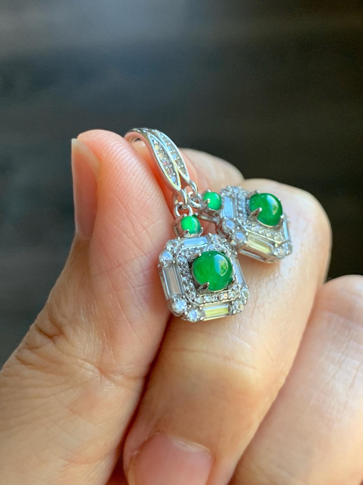 Natural Grade A Guatemalan Icy Translucent Vibrant Green Jade Jadeite Art Deco Style Dangle Earrings Sterling Silver 天然冰危绿翡翠银镶耳钩 ADED88