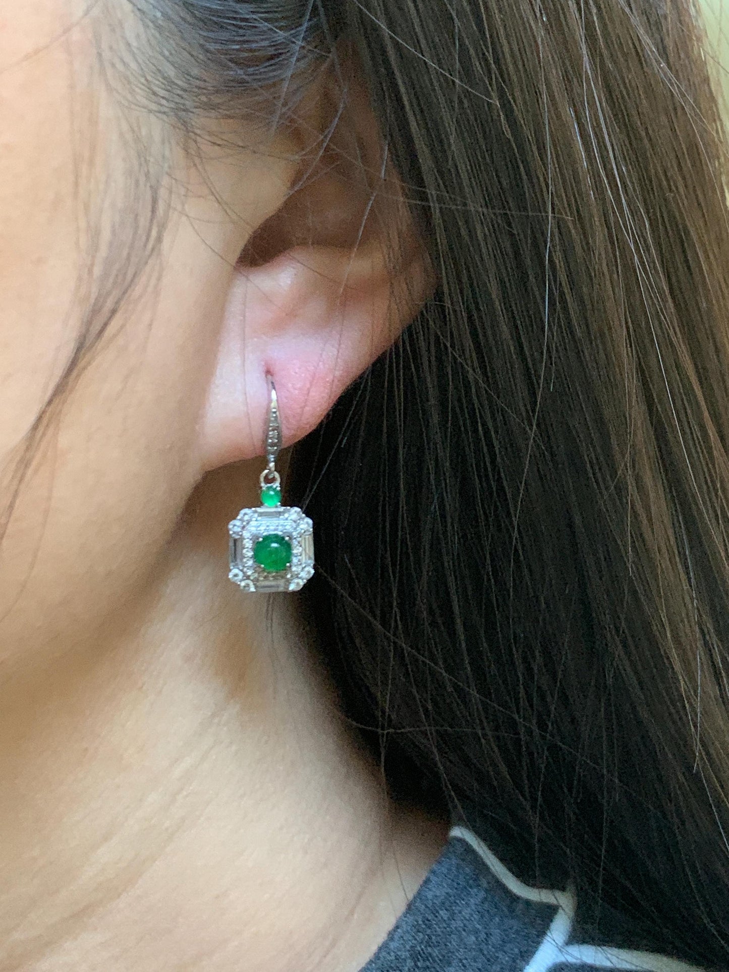 Natural Grade A Guatemalan Icy Translucent Vibrant Green Jade Jadeite Art Deco Style Dangle Earrings Sterling Silver 天然冰危绿翡翠银镶耳钩 ADED88