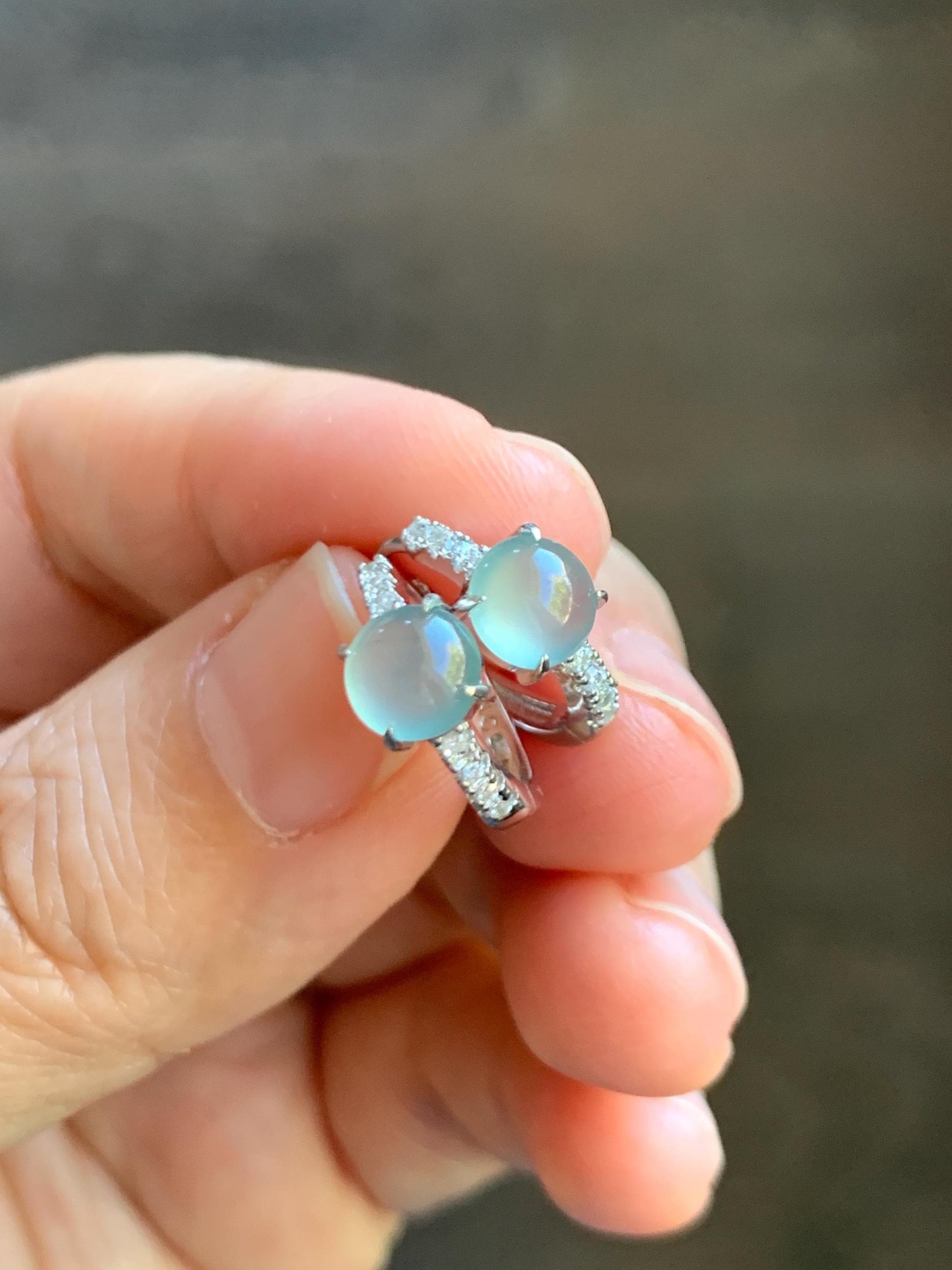 Natural Grade A Guatemalan Icy Highly Translucent Pastel Teal Blue Jade Jadeite Hoop Huggie Earrings Sterling Silver 天然冰危淡蓝翡翠银镶耳包 XLB77