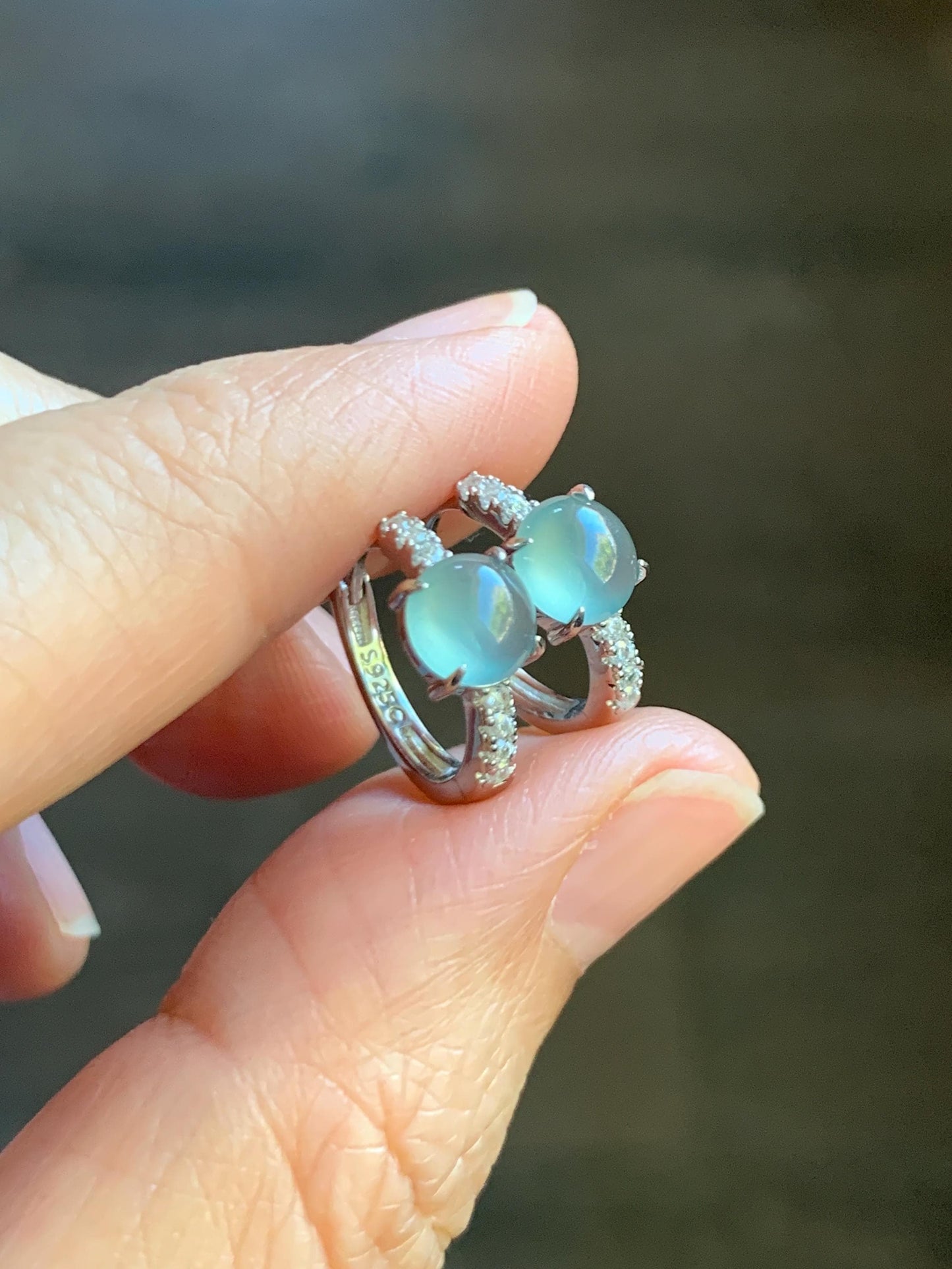 Natural Grade A Guatemalan Icy Highly Translucent Pastel Teal Blue Jade Jadeite Hoop Huggie Earrings Sterling Silver 天然冰危淡蓝翡翠银镶耳包 XLB77