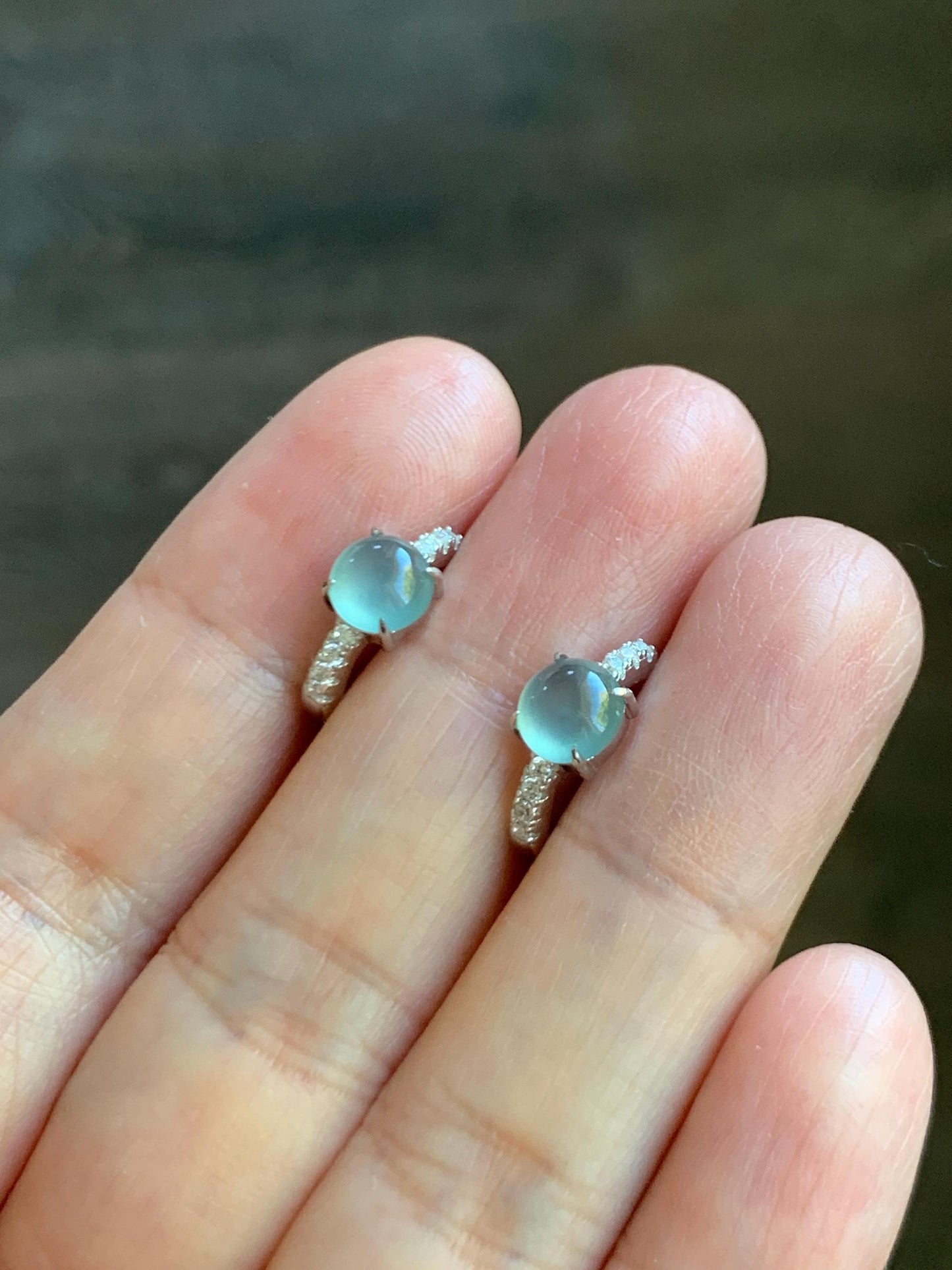 Natural Grade A Guatemalan Icy Highly Translucent Pastel Teal Blue Jade Jadeite Hoop Huggie Earrings Sterling Silver 天然冰危淡蓝翡翠银镶耳包 XLB77