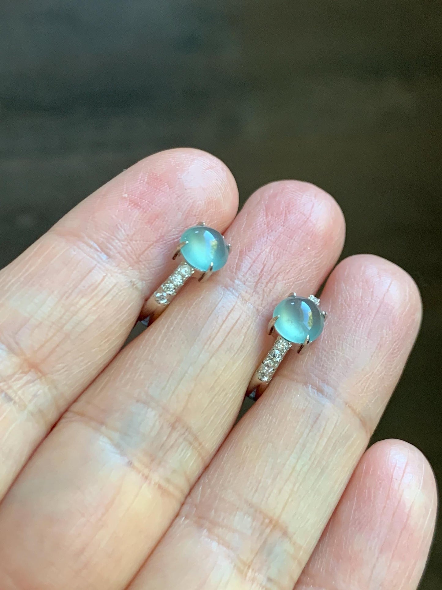 Natural Grade A Guatemalan Icy Highly Translucent Pastel Teal Blue Jade Jadeite Hoop Huggie Earrings Sterling Silver 天然冰危淡蓝翡翠银镶耳包 XLB77