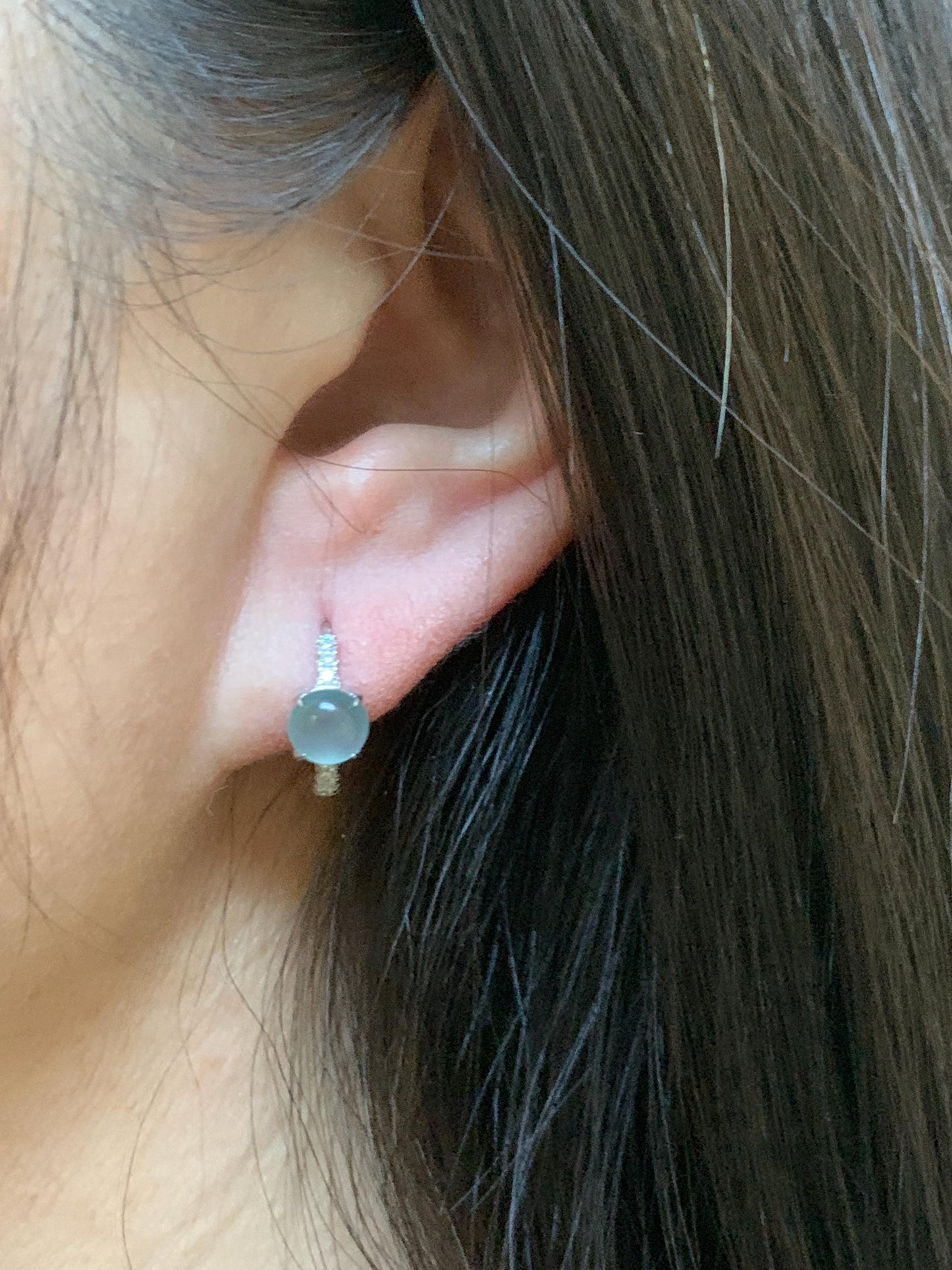 Natural Grade A Guatemalan Icy Highly Translucent Pastel Teal Blue Jade Jadeite Hoop Huggie Earrings Sterling Silver 天然冰危淡蓝翡翠银镶耳包 XLB77