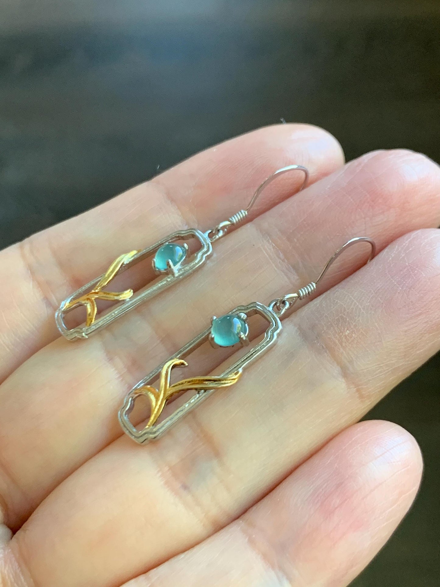 Natural Grade A Guatemalan Icy Highly Translucent Pastel Teal Blue Jade Jadeite Dangle Earrings Sterling Silver 天然冰危淡蓝翡翠银镶耳钩 XED77
