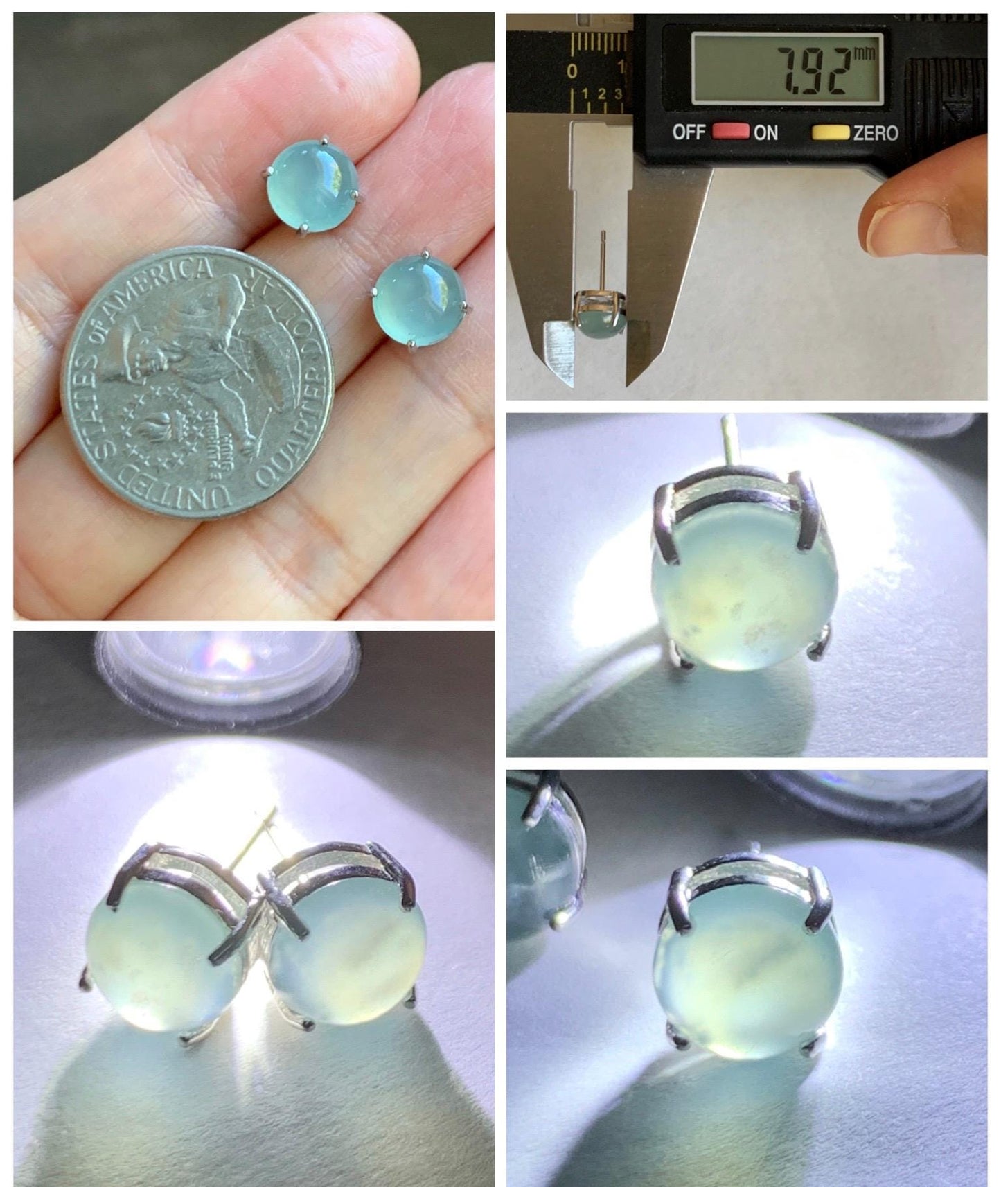 Natural Grade A Guatemalan Icy Highly Translucent Pastel Teal Blue Jade Jadeite Solitaire Stud Earrings Sterling Silver 天然冰危淡蓝翡翠银镶耳钉 DLED68