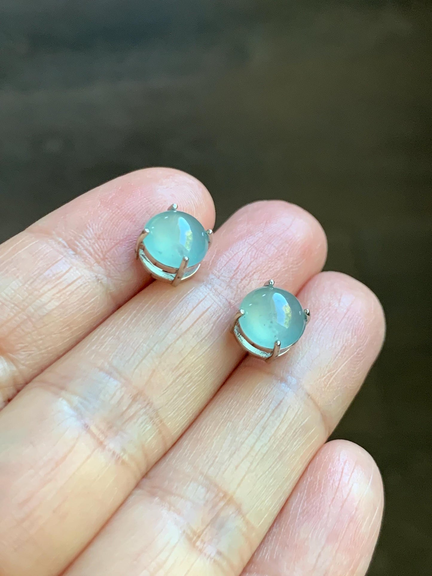 Natural Grade A Guatemalan Icy Highly Translucent Pastel Teal Blue Jade Jadeite Solitaire Stud Earrings Sterling Silver 天然冰危淡蓝翡翠银镶耳钉 DLED68