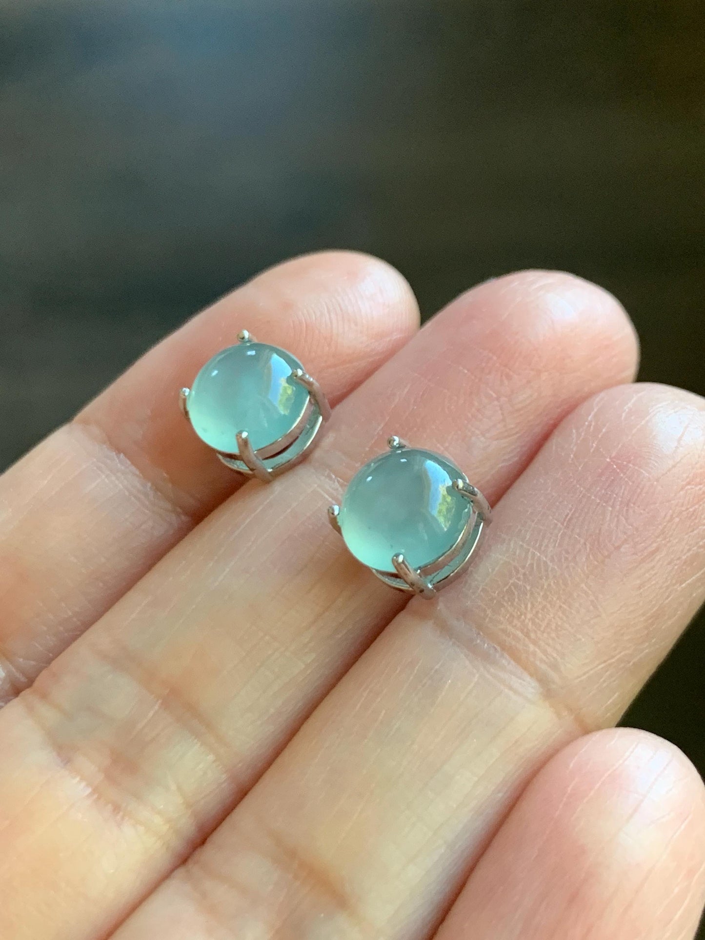 Natural Grade A Guatemalan Icy Highly Translucent Pastel Teal Blue Jade Jadeite Solitaire Stud Earrings Sterling Silver 天然冰危淡蓝翡翠银镶耳钉 DLED68