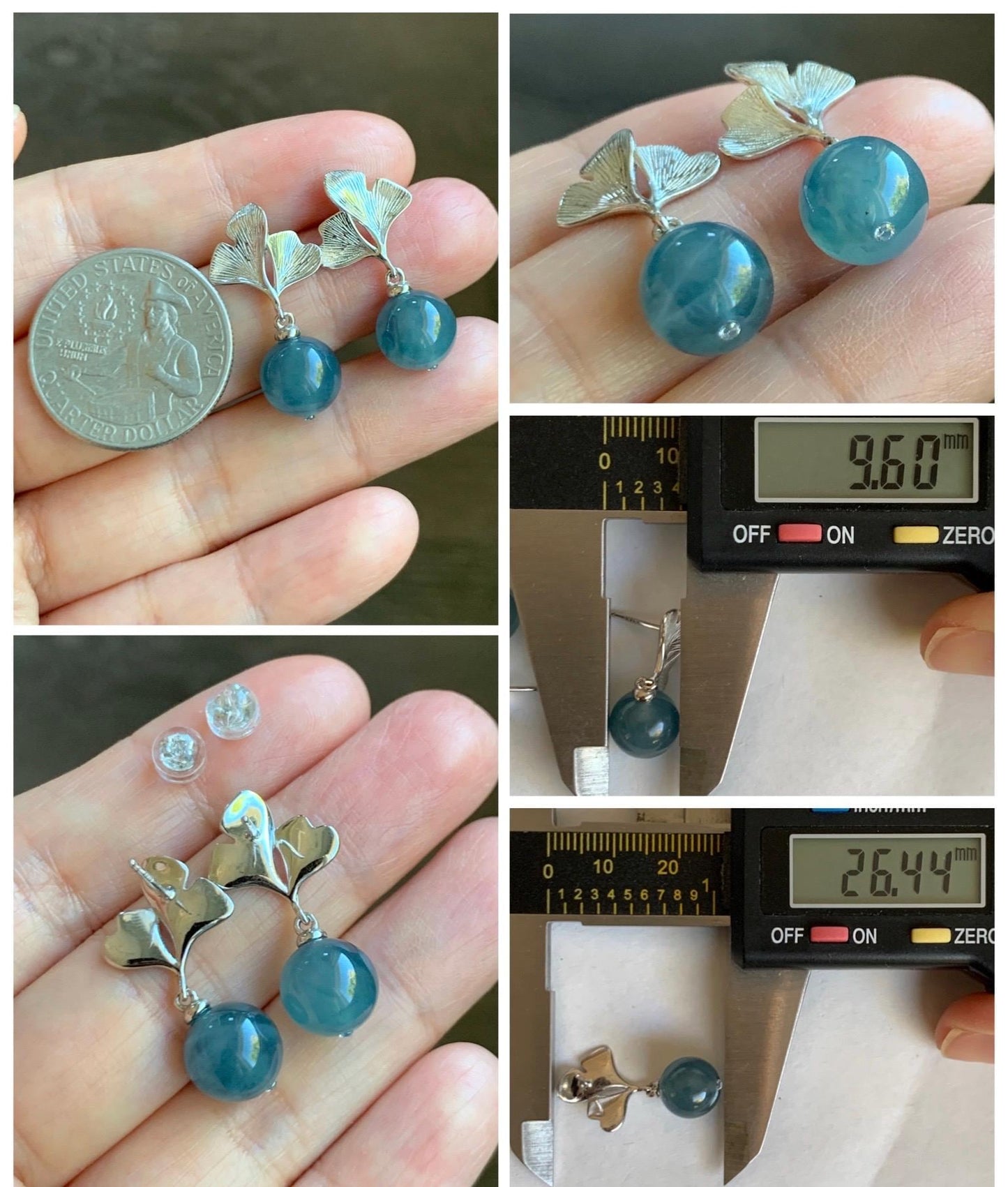 Natural Guatemalan Icy Highly Translucent Light Aegean Blue Jade Jadeite Beads Ginkgo Leaf Earrings Sterling Silver 天然冰危牛仔蓝翡翠珠银杏叶耳钉 LZDZ11
