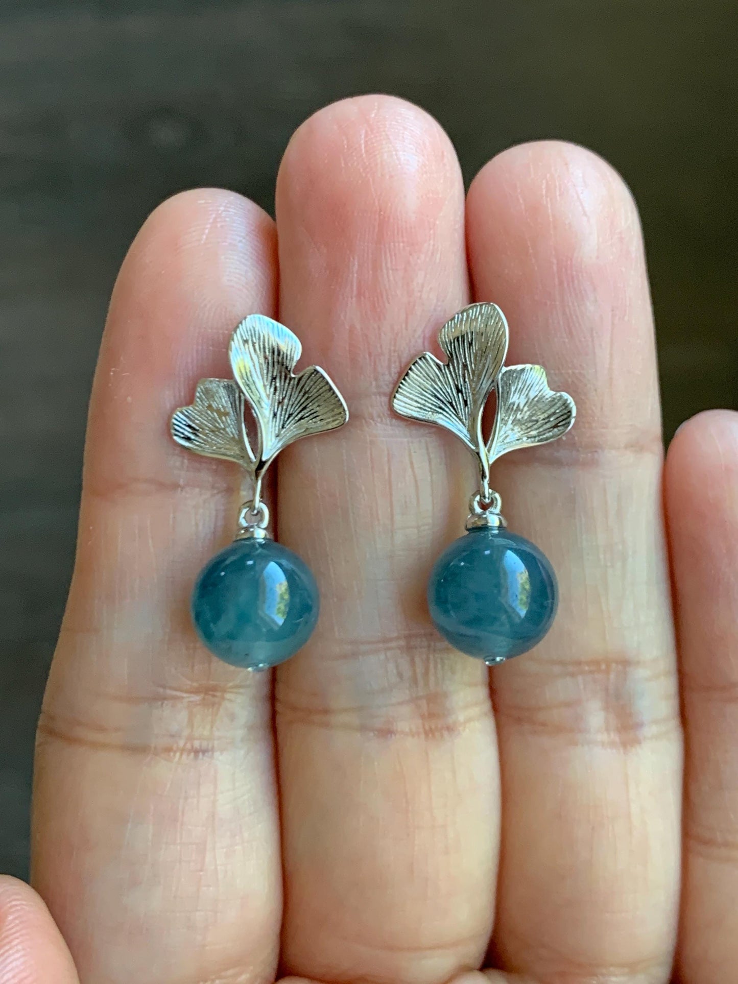 Natural Guatemalan Icy Highly Translucent Light Aegean Blue Jade Jadeite Beads Ginkgo Leaf Earrings Sterling Silver 天然冰危牛仔蓝翡翠珠银杏叶耳钉 LZDZ11