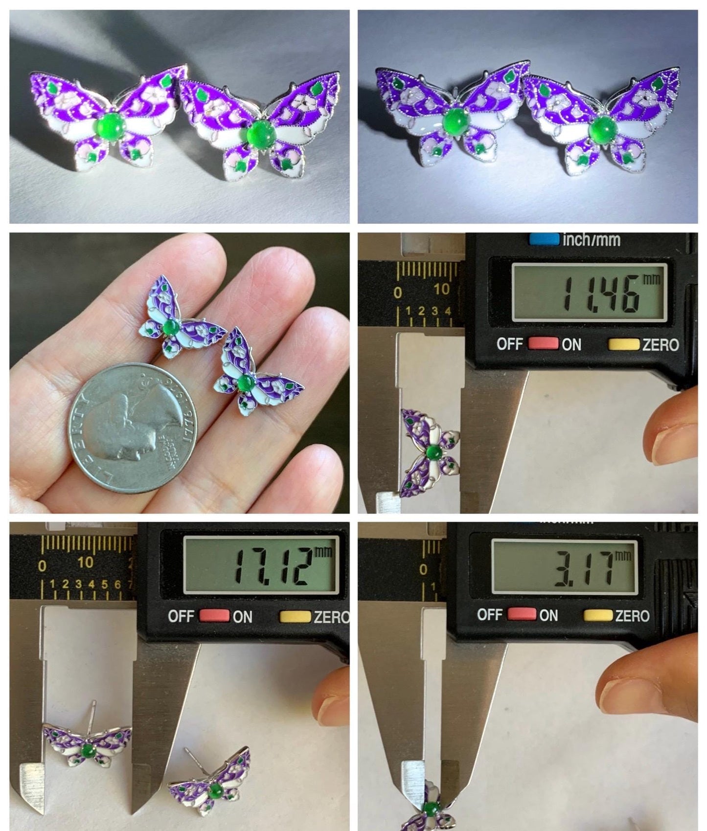 Natural Grade A Guatemalan Icy Translucent Vibrant Green Jade Jadeite Butterfly Enamel Earrings Sterling Silver 天然冰危绿翡翠银镶蝴蝶烤漆耳钉 KQHY66