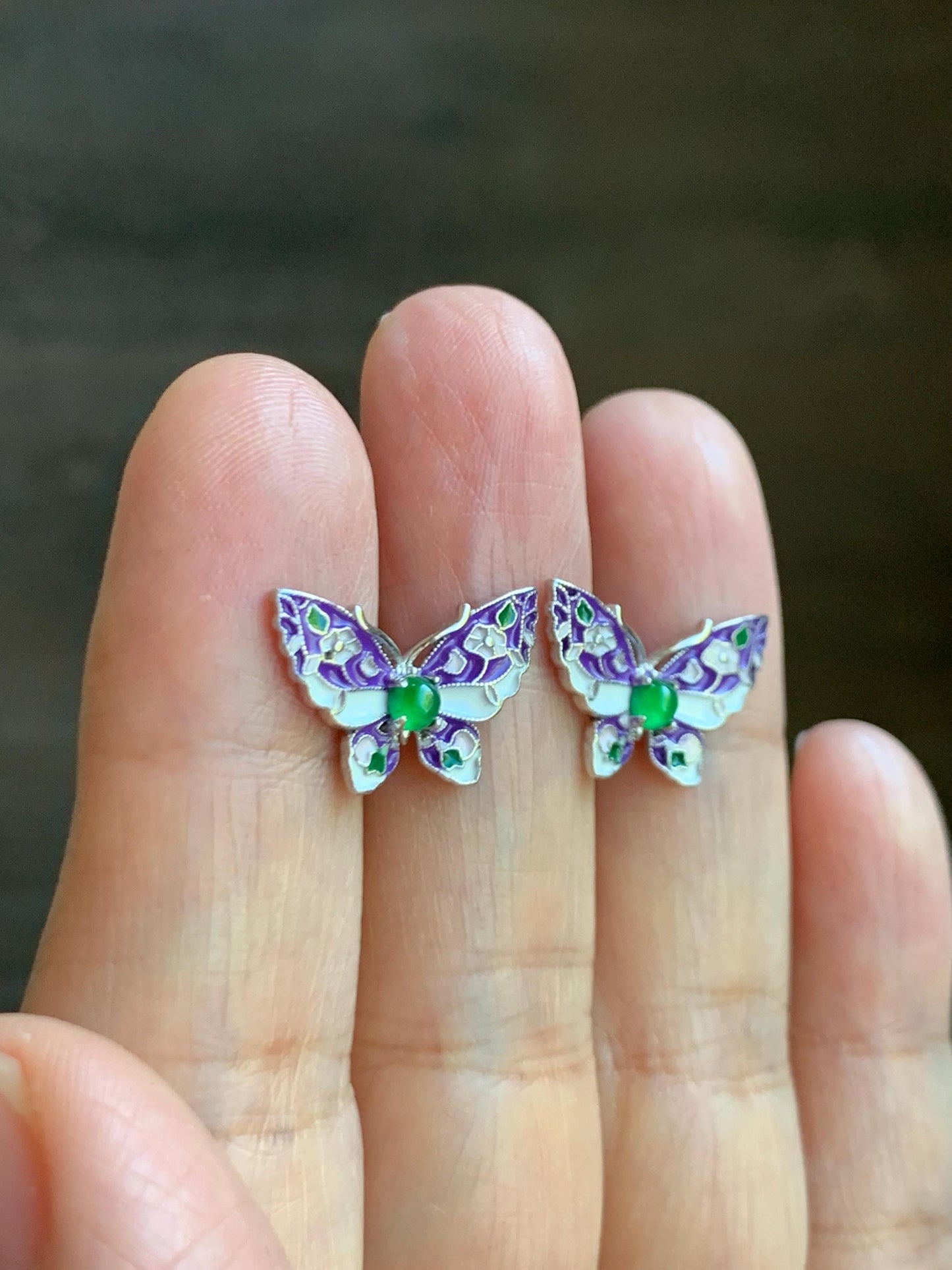 Natural Grade A Guatemalan Icy Translucent Vibrant Green Jade Jadeite Butterfly Enamel Earrings Sterling Silver 天然冰危绿翡翠银镶蝴蝶烤漆耳钉 KQHY66