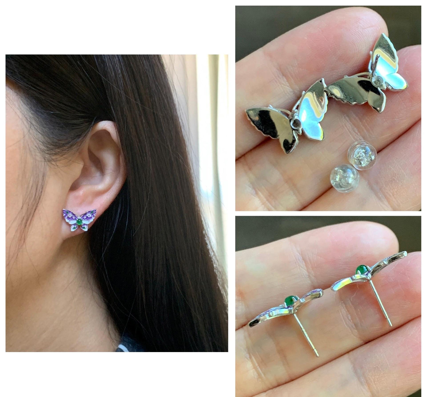 Natural Grade A Guatemalan Icy Translucent Vibrant Green Jade Jadeite Butterfly Enamel Earrings Sterling Silver 天然冰危绿翡翠银镶蝴蝶烤漆耳钉 KQHY66