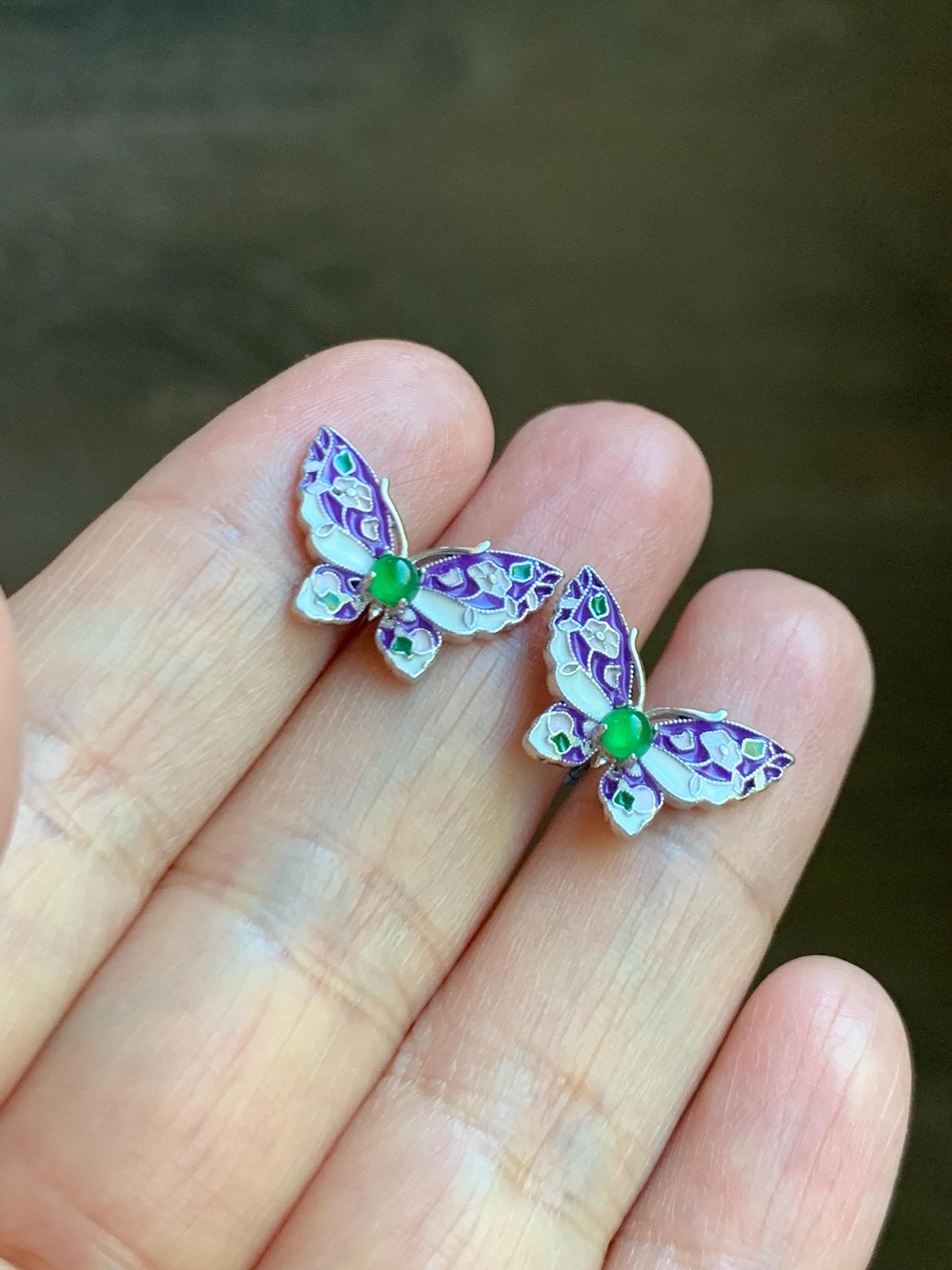 Natural Grade A Guatemalan Icy Translucent Vibrant Green Jade Jadeite Butterfly Enamel Earrings Sterling Silver 天然冰危绿翡翠银镶蝴蝶烤漆耳钉 KQHY66