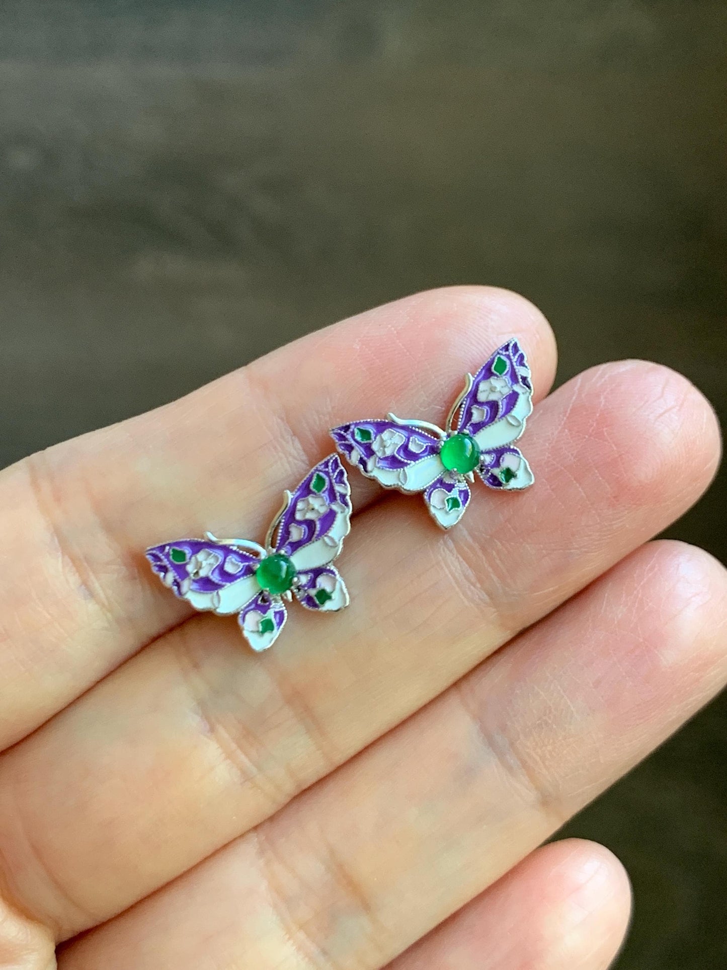 Natural Grade A Guatemalan Icy Translucent Vibrant Green Jade Jadeite Butterfly Enamel Earrings Sterling Silver 天然冰危绿翡翠银镶蝴蝶烤漆耳钉 KQHY66