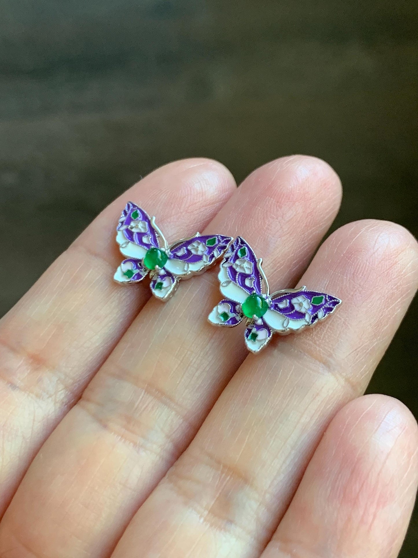 Natural Grade A Guatemalan Icy Translucent Vibrant Green Jade Jadeite Butterfly Enamel Earrings Sterling Silver 天然冰危绿翡翠银镶蝴蝶烤漆耳钉 KQHY66