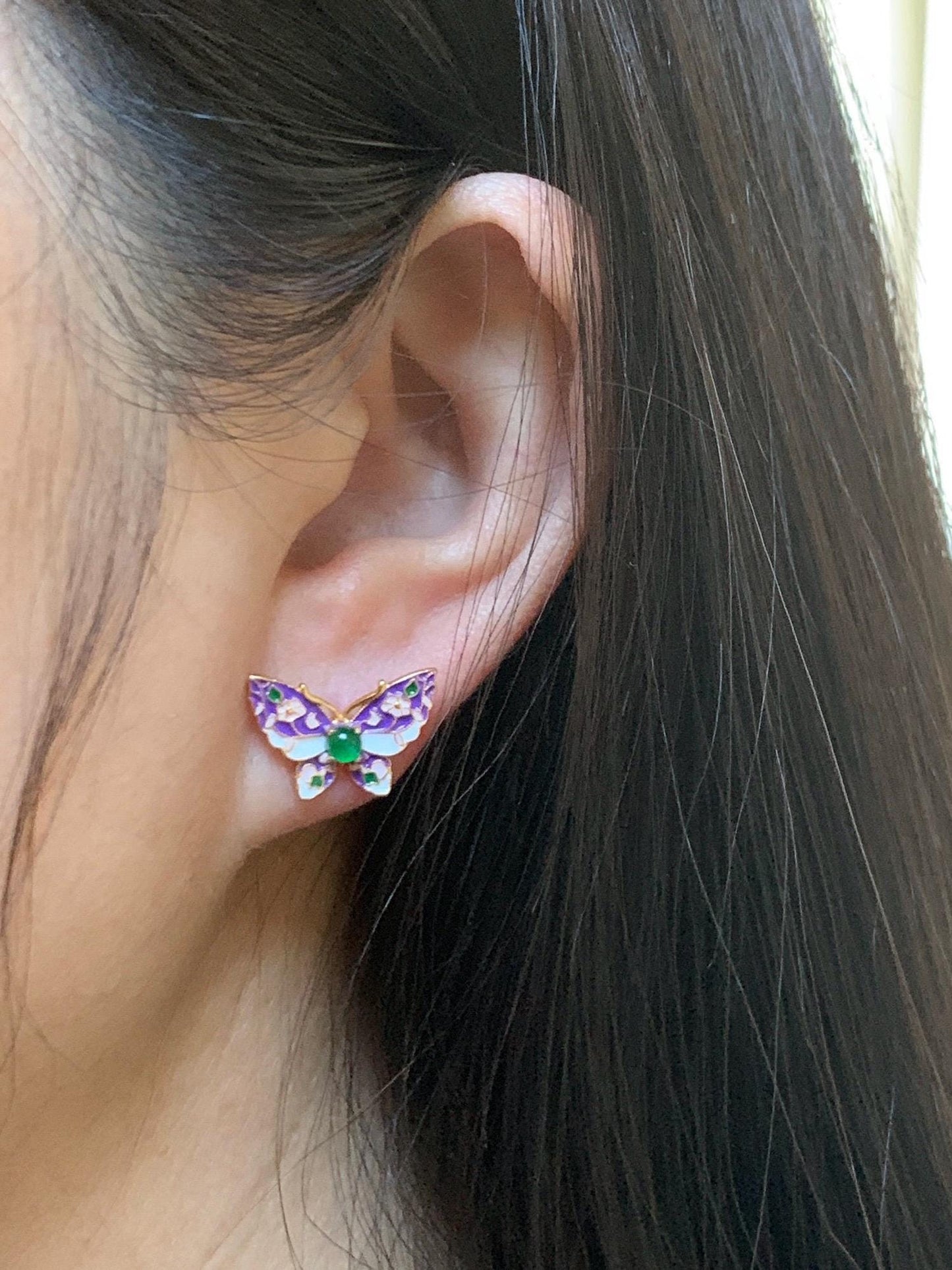 Natural Grade A Guatemalan Icy Translucent Vibrant Green Jade Jadeite Butterfly Enamel Earrings Sterling Silver 天然冰危绿翡翠银镶蝴蝶烤漆耳钉 KQHJ66