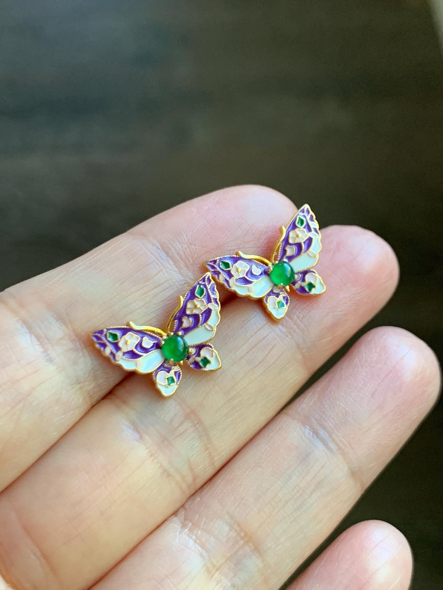 Natural Grade A Guatemalan Icy Translucent Vibrant Green Jade Jadeite Butterfly Enamel Earrings Sterling Silver 天然冰危绿翡翠银镶蝴蝶烤漆耳钉 KQHJ66