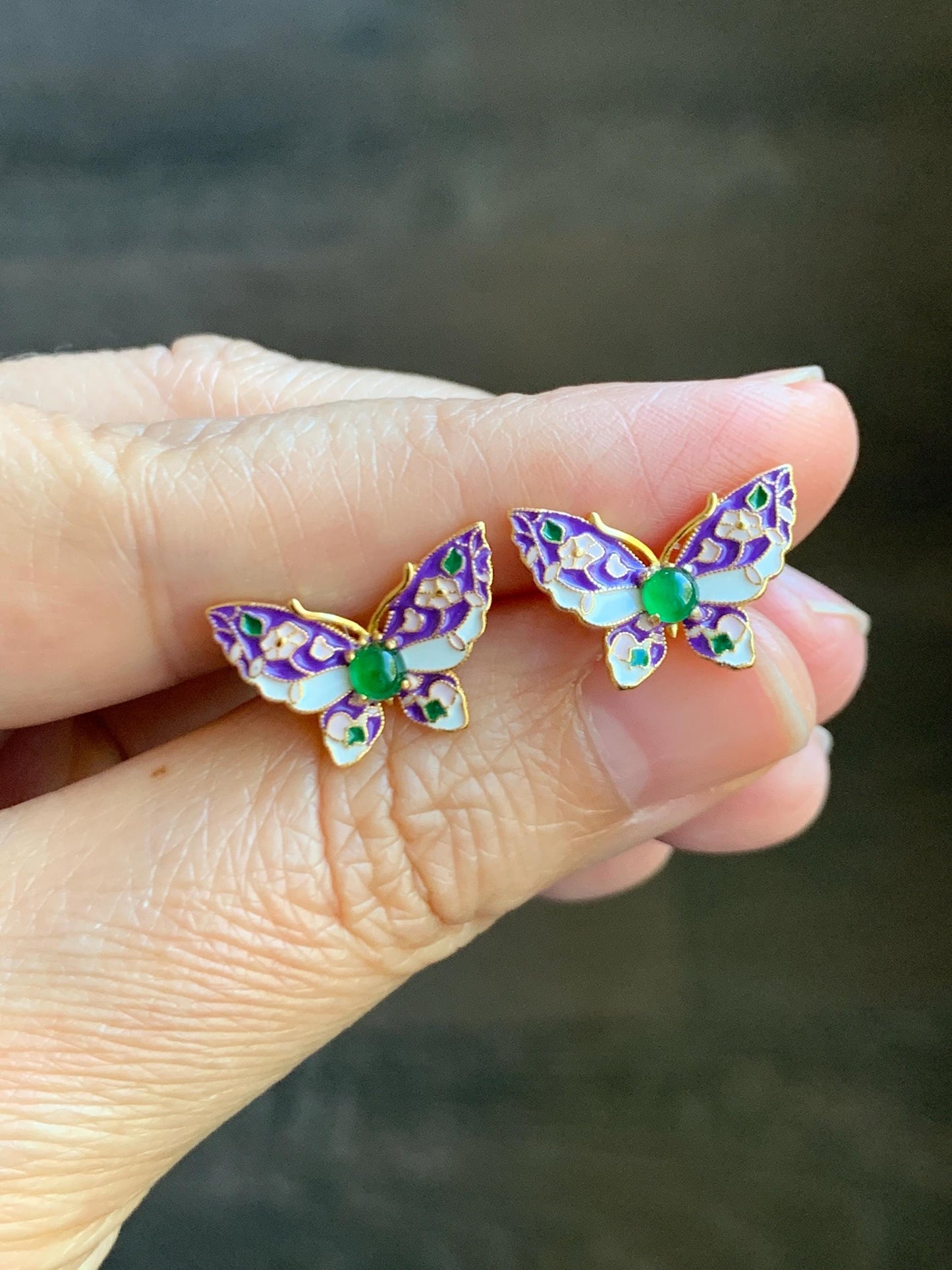 Natural Grade A Guatemalan Icy Translucent Vibrant Green Jade Jadeite Butterfly Enamel Earrings Sterling Silver 天然冰危绿翡翠银镶蝴蝶烤漆耳钉 KQHJ66