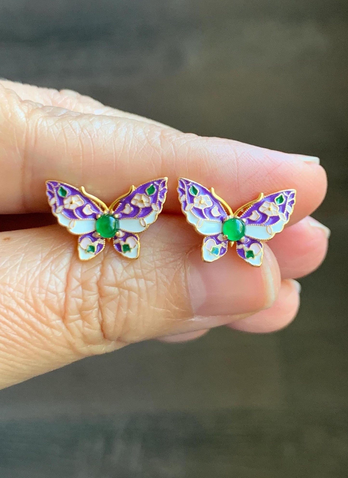 Natural Grade A Guatemalan Icy Translucent Vibrant Green Jade Jadeite Butterfly Enamel Earrings Sterling Silver 天然冰危绿翡翠银镶蝴蝶烤漆耳钉 KQHJ66