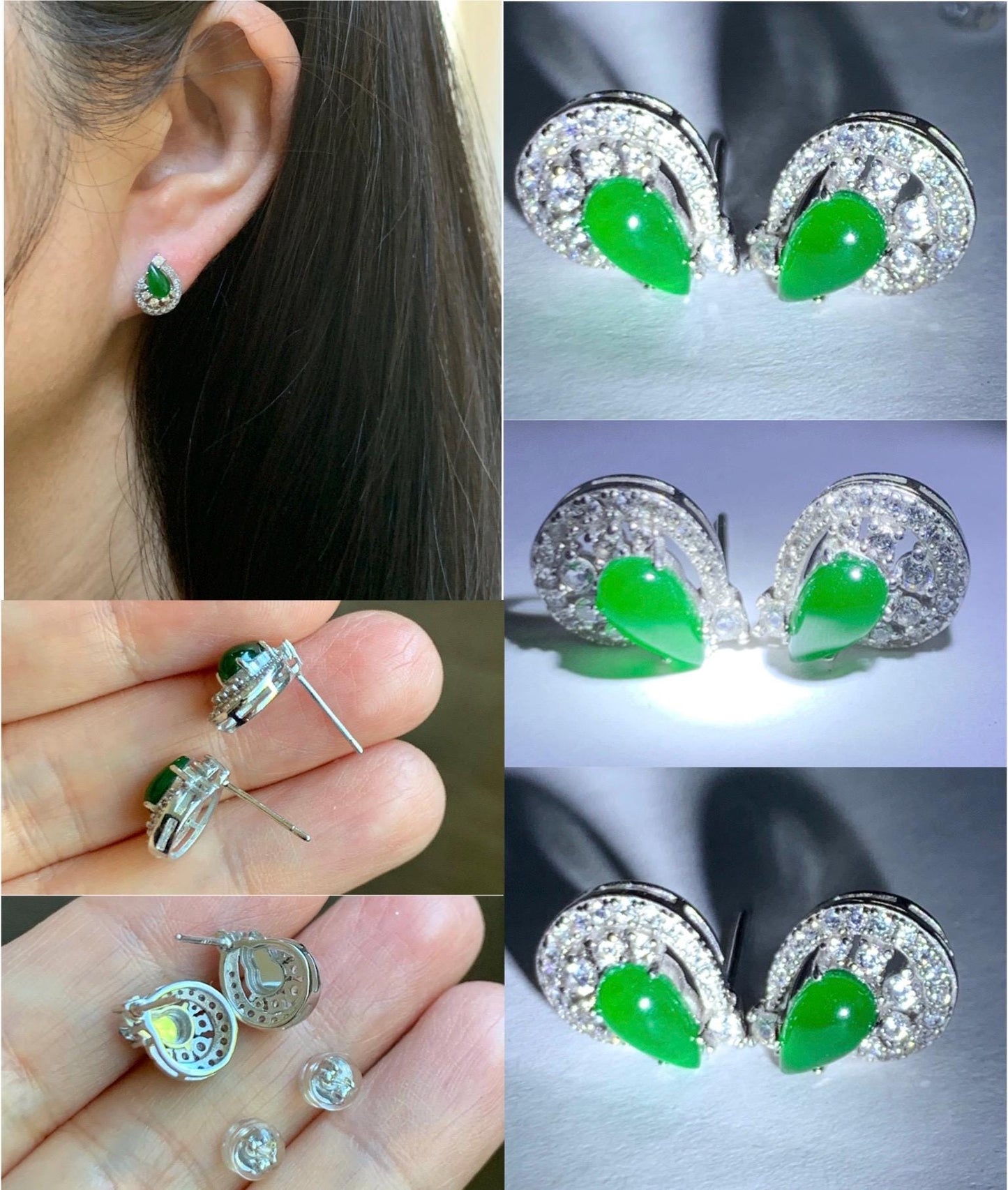 Natural Guatemalan Grade A Icy Translucent Vibrant Green Jade Jadeite Teardrop Stud Earrings Sterling Silver 天然冰危绿翡翠水滴蛋面镶嵌耳钉 LSD77