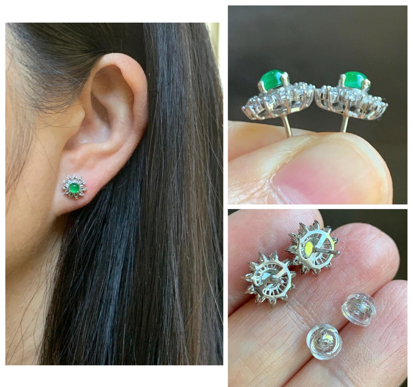 Natural Guatemalan Grade A Icy Translucent Vibrant Green Jade Jadeite Snowflake Stud Earrings Sterling Silver 天然冰危绿翡翠镶嵌雪花耳钉 WXH66