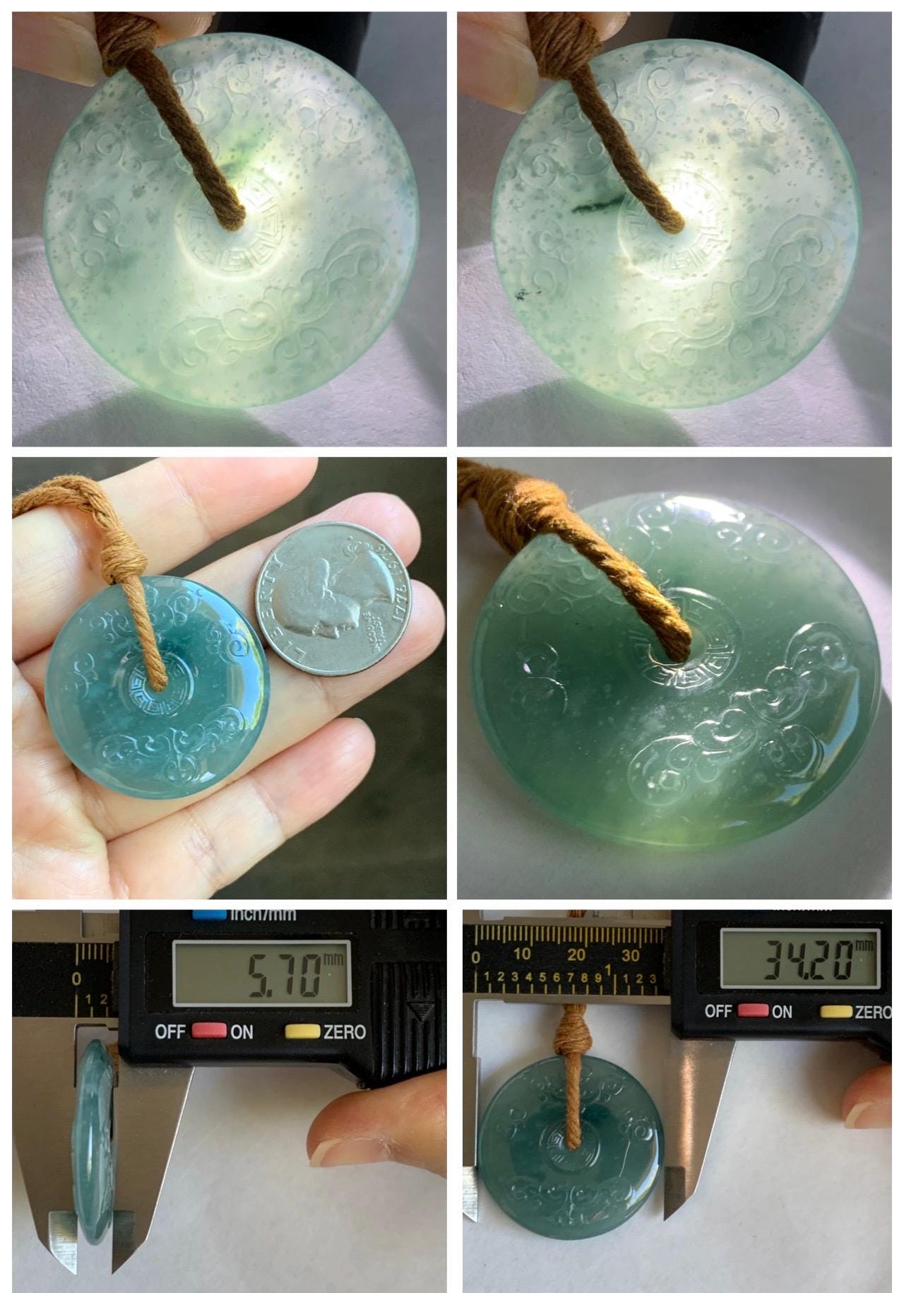 Natural Grade A Guatemalan Icy Dark Teal Green Jade Jadeite Engraved Ping An Kou Donut Pendant Rope Necklace 28” 15g 天然冰危蓝绿翡翠仿古平安扣项链 FGK272