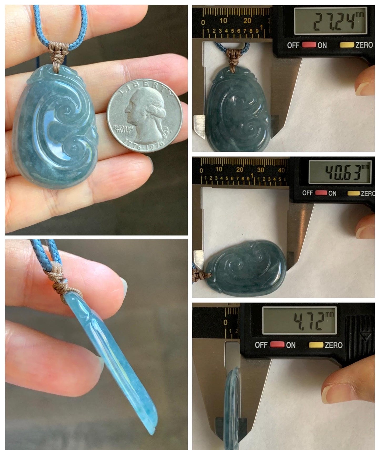 Natural Grade A Guatemalan Icy Translucent Dusty Blueberry Jade Jadeite Large Ruyi Pendant Rope Necklace 25" 11g 天然冰危蓝莓紫翡翠如意吊坠 DRY330B