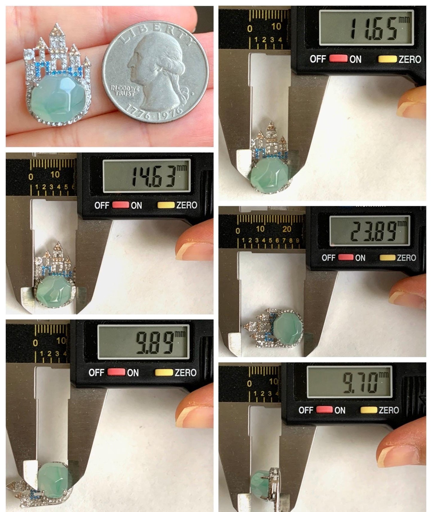 Natural Grade A Guatemalan Icy Translucent Pastel Green Marbled Faceted Jade Jadeite Castle Pendant Sterling Silver 天然冰危晴飘花翡翠切割面城堡吊坠 WXC120