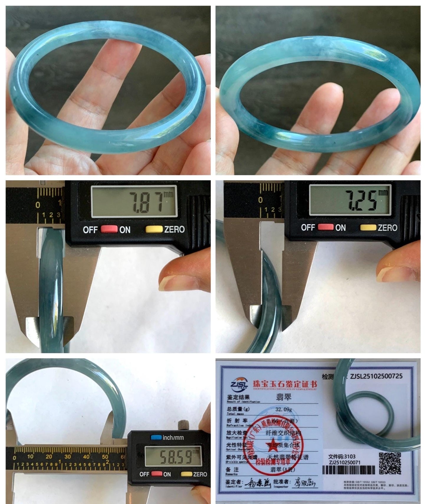 Certified Natural Grade A Guatemalan Icy Translucent Dusty Blue Marbled Jade Jadeite Bangle Bracelet 58.59mm 7.24” 32g 天然冰危蓝飘花翡翠圆条手镯 725