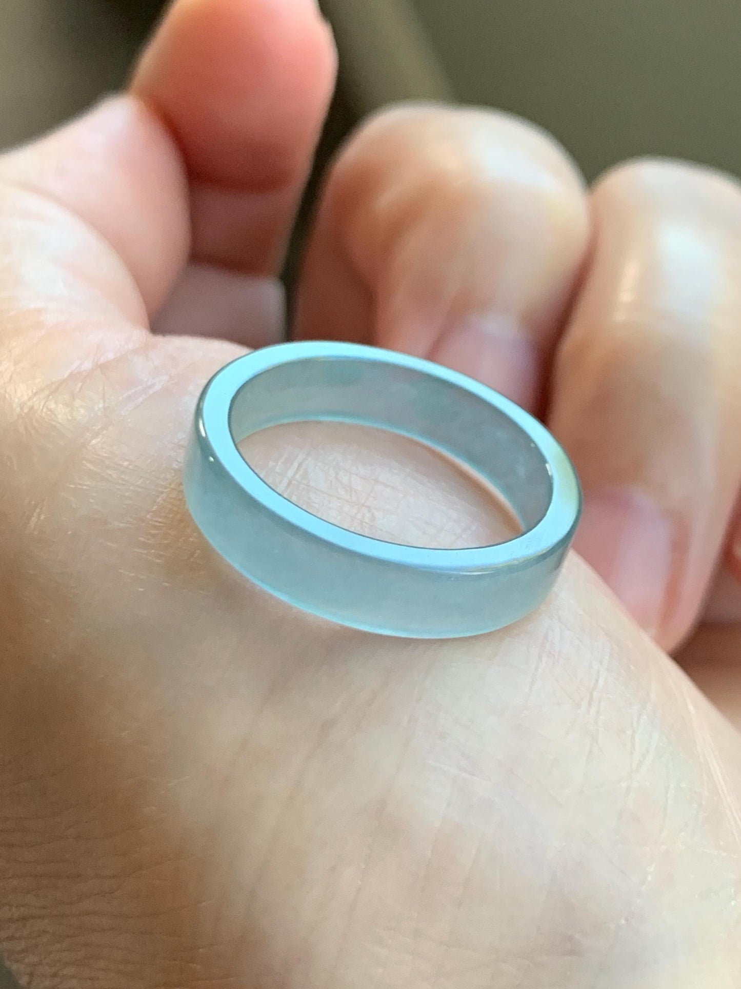 Natural Grade A Guatemalan Icy Highly Translucent Light Teal Blue Jade Jadeite Square Edged Band Ring Size 8 US 天然冰危浅蓝翡翠角戒戒圈 WLJ55