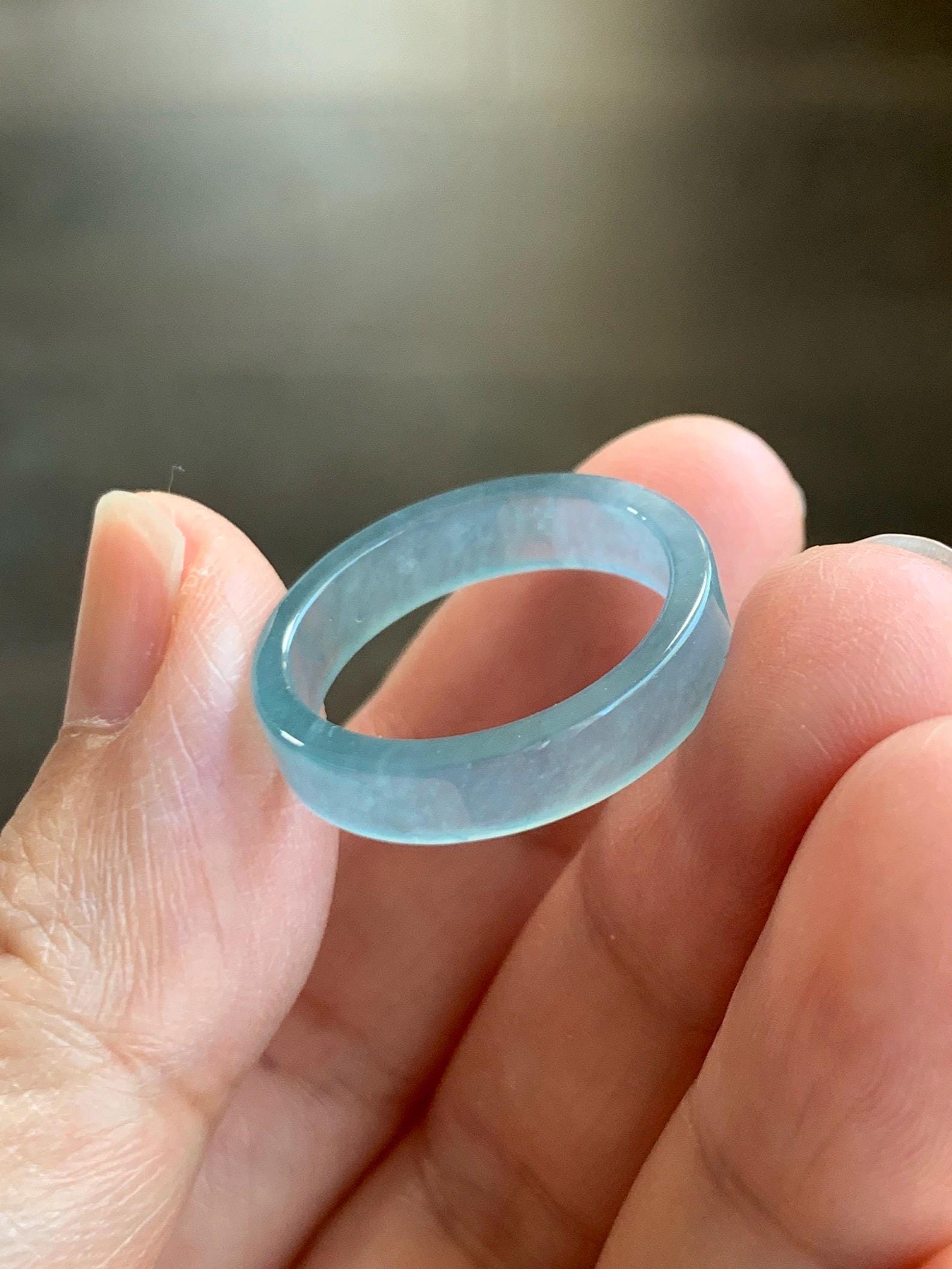 Natural Grade A Guatemalan Icy Highly Translucent Light Teal Blue Jade Jadeite Square Edged Band Ring Size 8 US 天然冰危浅蓝翡翠角戒戒圈 WLJ55