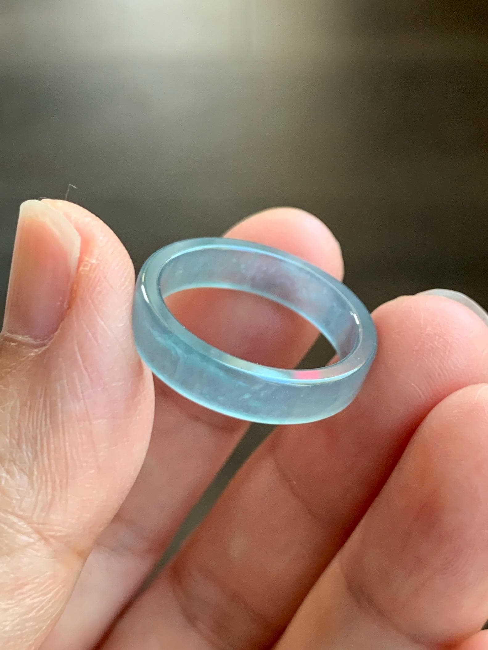 Natural Grade A Guatemalan Icy Highly Translucent Light Teal Blue Jade Jadeite Square Edged Band Ring Size 8 US 天然冰危浅蓝翡翠角戒戒圈 WLJ55