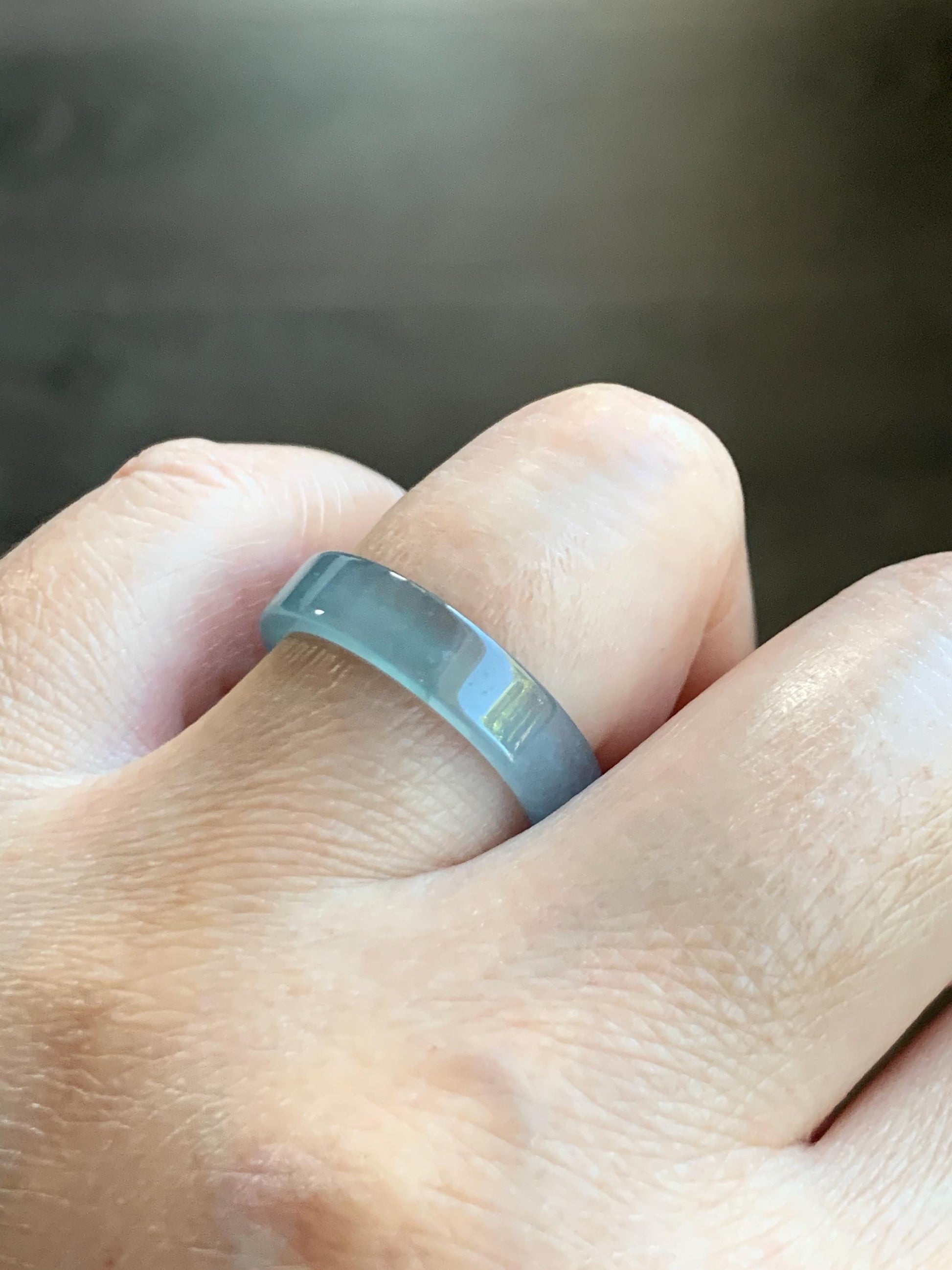Natural Grade A Guatemalan Icy Highly Translucent Light Teal Blue Jade Jadeite Square Edged Band Ring Size 8 US 天然冰危浅蓝翡翠角戒戒圈 WLJ55